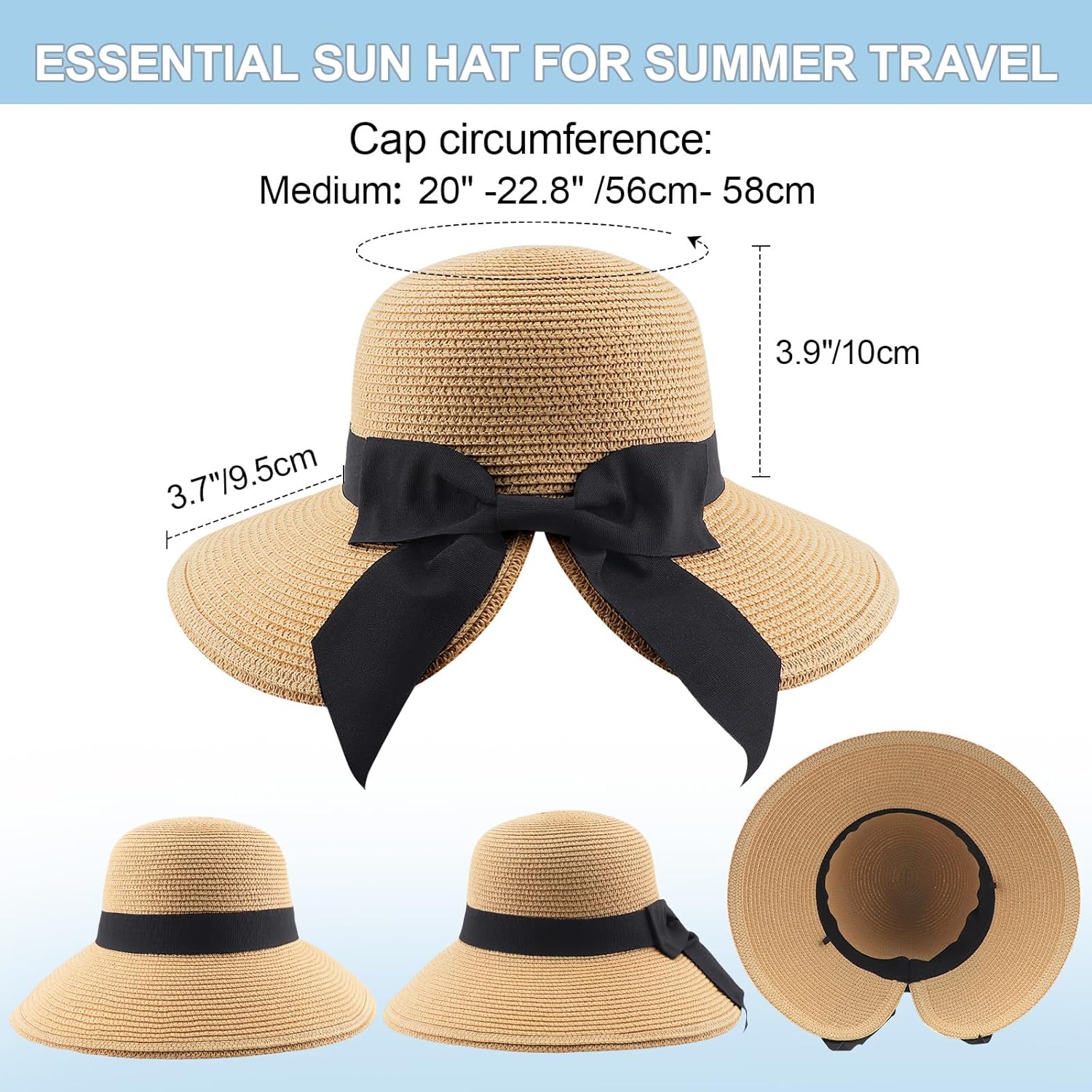 DRESHOW Sun Hats for Women Travel Fedora Foldable Beach Sun Hat Summer Wide Brim Straw Bucket Hat with Bowknot UPF 50+ - Image 5