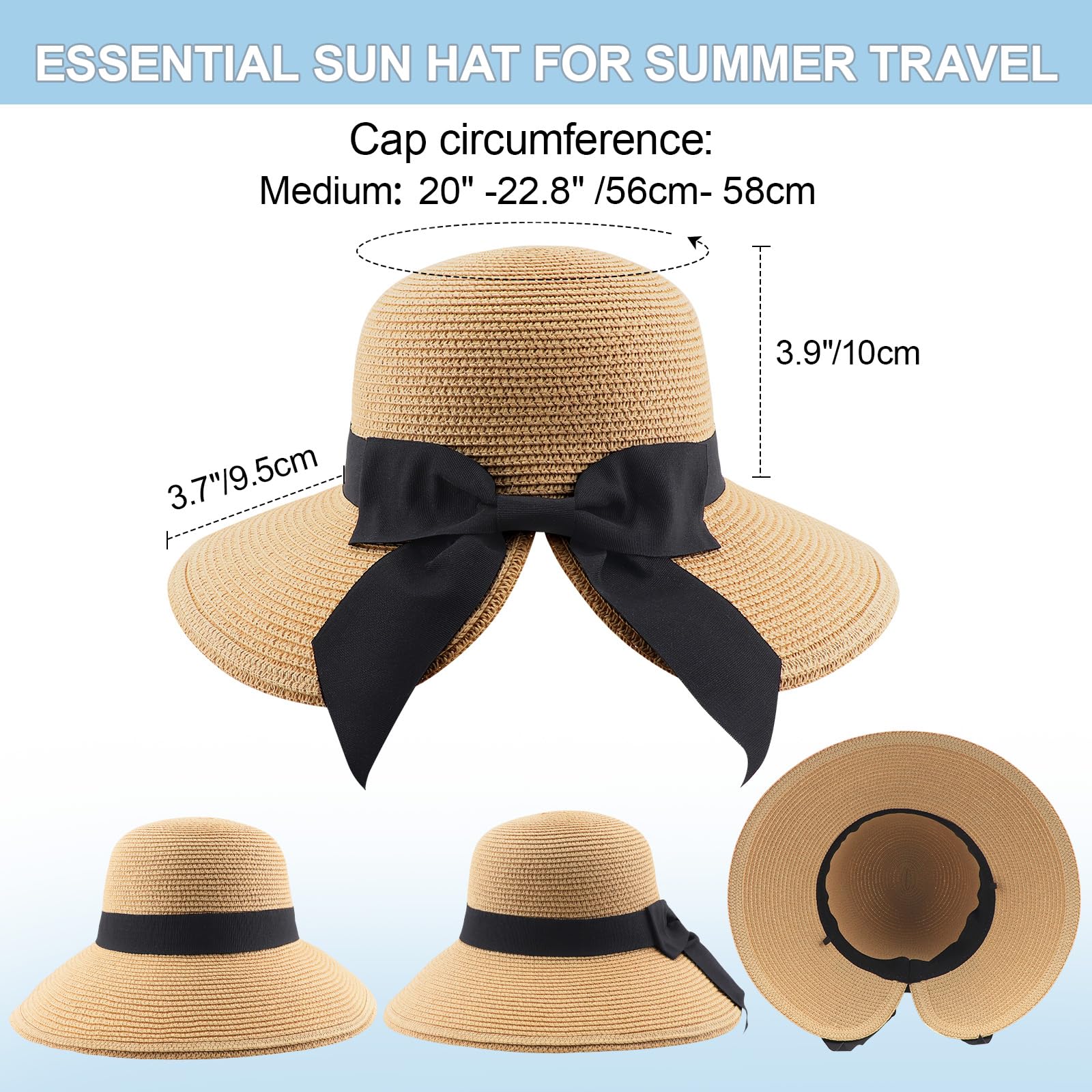 DRESHOW Cappelli da Sole per Donna Fedora da Viaggio Pieghevole da Spiaggia Cappello da Sole Sstivo a Tesa Larga in Paglia con Fiocco UPF 50+