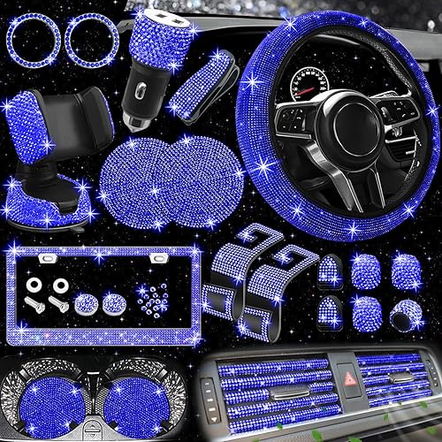 NBTEPEM - Juego de 27 accesorios brillantes de automóvil para mujer, funda de volante de ajuste universal de 15'', marco para placa, soporte para
