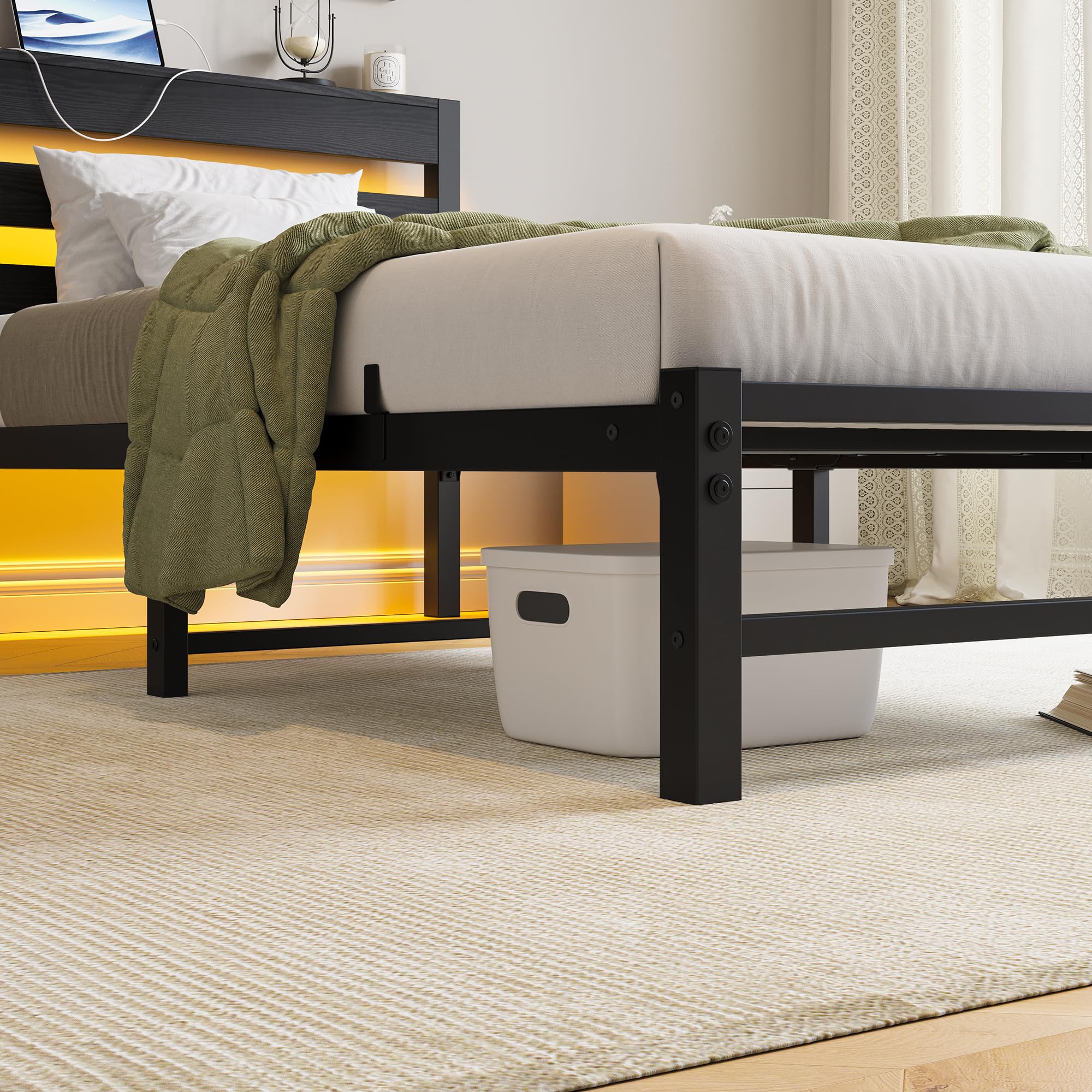 Bettgestell 90x200 cm mit LED, Metallbett mit USB-Ladestation & Holzkopfteil mit Stauraum, Gästebett Jugendbett Einzelbett mit Lattenrost aus Metall, Leicht zu Montieren, Schwarz