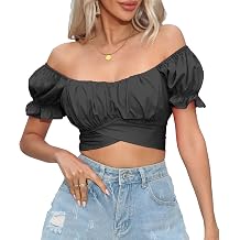 Women's Crop Tops Ruffle Short Sleeve Tie Back Summer Off Shoulder Top Blouse