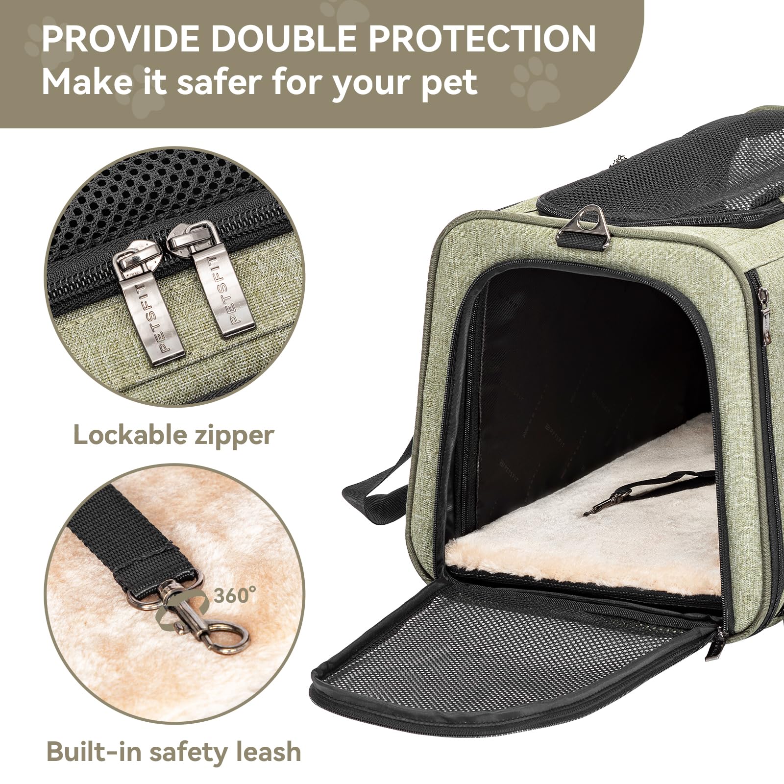 Petsfit Sac de Transport Extensible pour Chat - Deux côtés Confortables et Pliables avec Tapis en Polaire - Ouverture sur Le Dessus - Vert - 1 côté Extensible