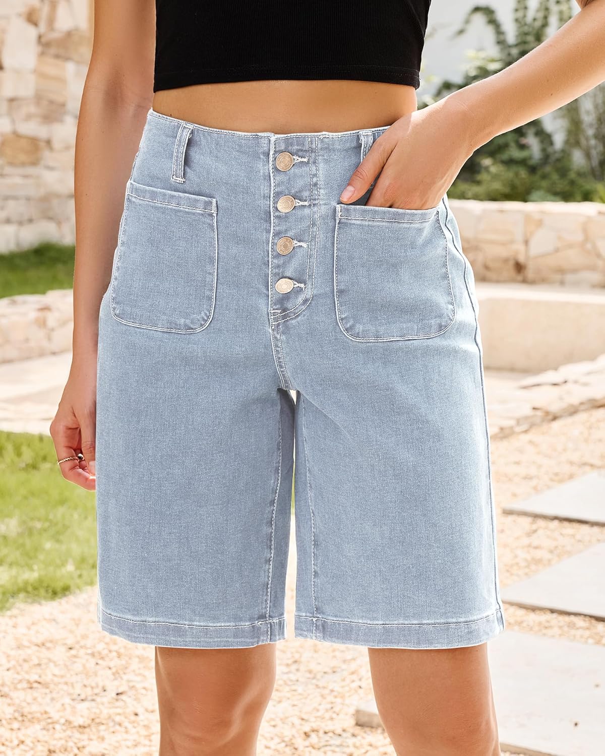 Utyful Jean Bermuda Shorts for Women High Waisted Button Fly Patch Pocket Summer Casual Long Stretchy Denim Shorts - Image 8