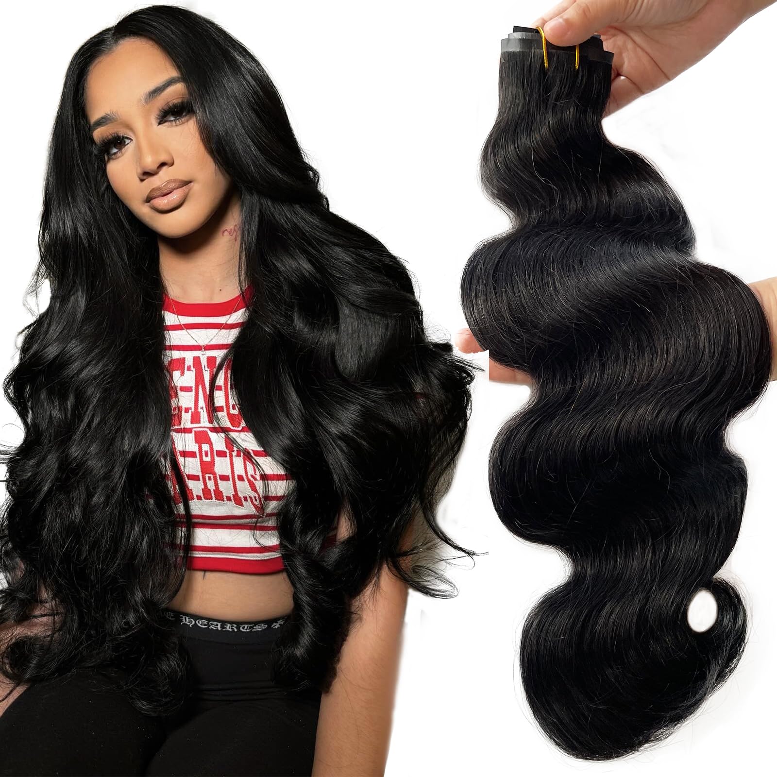 Hair Extensions Remy Human Hair Natural Black 16 Inch Clip-In Seamless Tape in Remy Human Hair Extension, Natural Black #1B  main image 2