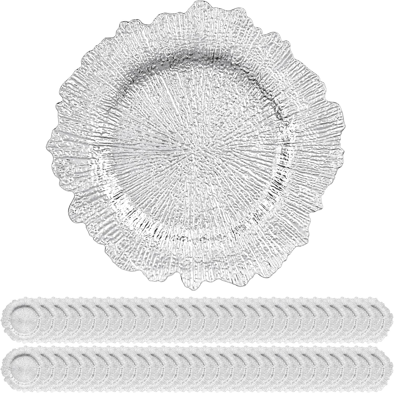 50 Pack Silver Charger Plates Bulk, 13" Plastic Reef Chargers for Dinner Plates, Round Charger Plate with Floral Reef Design for Dinner Wedding Party Table Setting Decoration