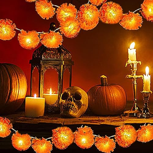 Miniatura 6 de Dia de Los Muertos, decoración del Día de los Muertos, 2 unidades, guirnalda de caléndula iluminada, flores artificiales de caléndula de 118