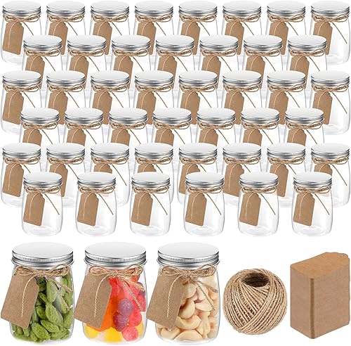 Nitial Paquete de 50 tarros de plástico de 5 onzas con tapas de aluminio, mini tarros de yogur, tarros de regalo, frascos de bricolaje con cordel y