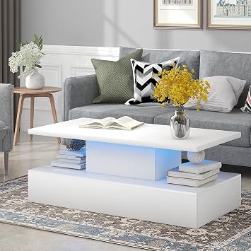 47.2" Modern White LED Coffee Table for Living Room Unique High Glossy Cocktail Center Table with Lights, Rectangle Wooden Coffee Table for Living Room