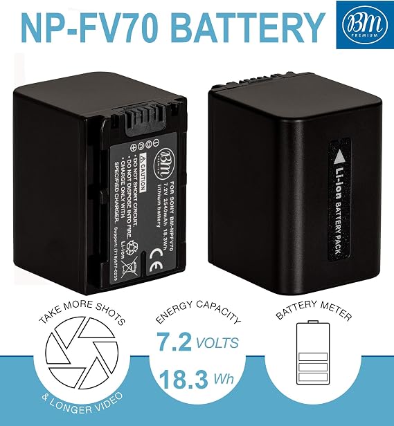 BM NP-FV70 Battery and Charger for Sony FDR-AX700, HDR-CX210, CX220, CX230, CX260V, CX290, CX330, CX380, CX430V, CX580V, CX760V, CX900, PJ340, PJ540, PJ670, PJ810, FDR-AX33, AX53, AX100 Camcorder