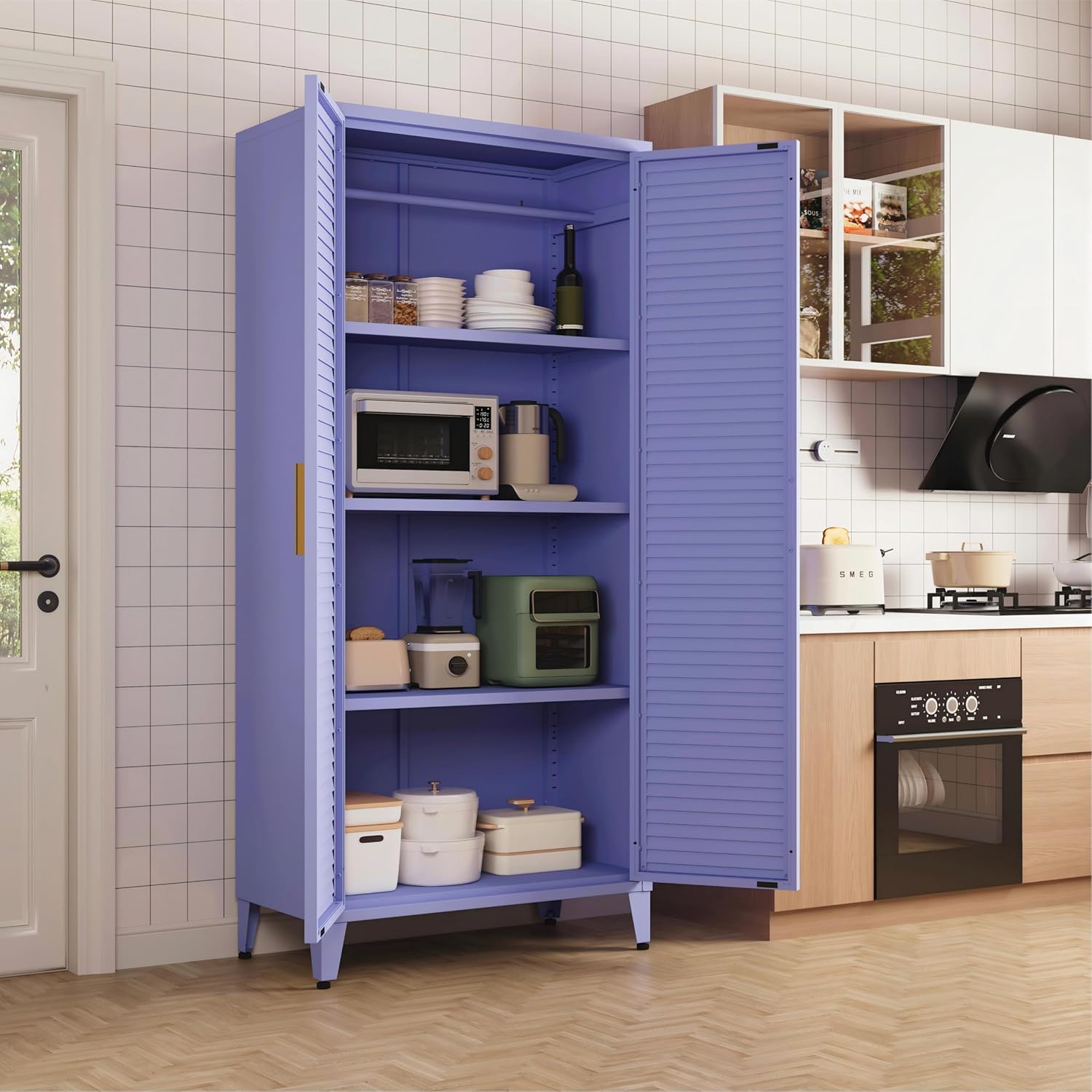 Pantry Cabinet with 3 Adjustable Shelves, 4-Tier Freestanding Kitchen Storage Organizer, Multi-Function Storage Unit for Kitchen, Living Room, Home, Purple 61" H X 27.6" W X 13.8" D
