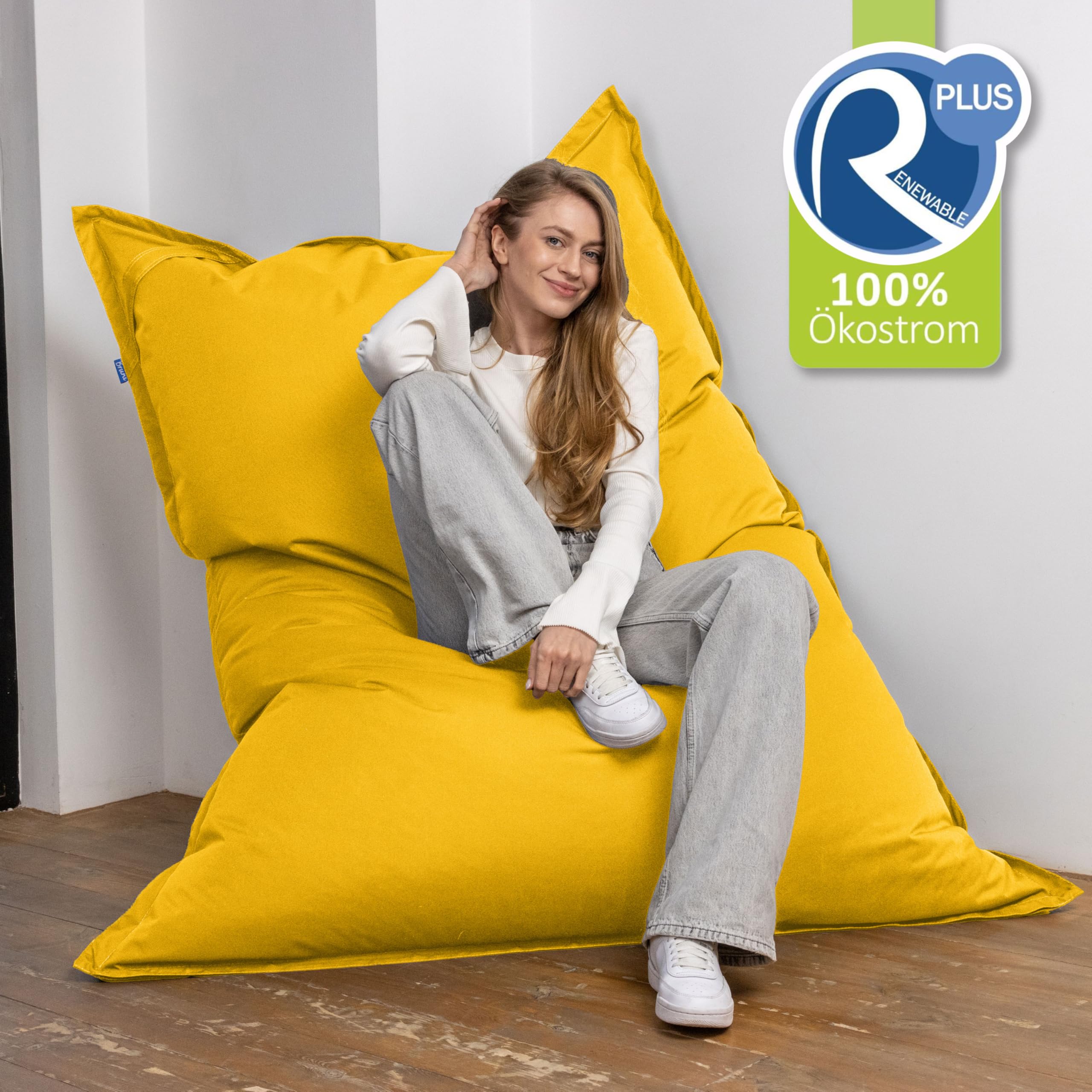 Bruni Pouf géant Caree Jaune – Pouf rectangulaire XXL 140 x 180 cm 400 l housse amovible intérieur extérieur Fabriqué en Allemagne