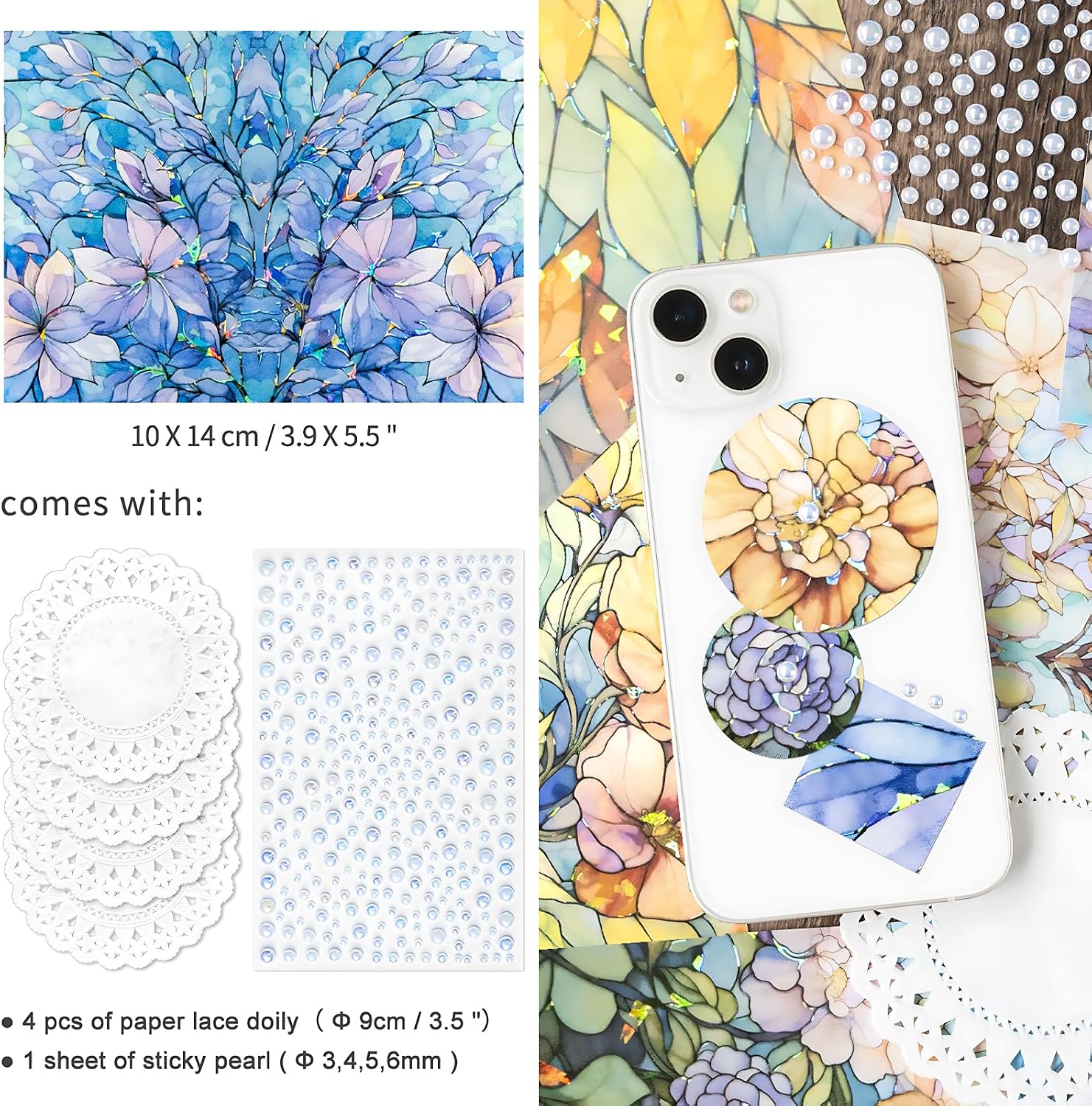 Mayplous 4 Packs Glitter Laser Floral Stickers, Watercolor Flower Pattern Decorative Paper with Holographic Foil Outline for Scrapbooking Journaling Collage Card Making DIY Crafts (Glaze)