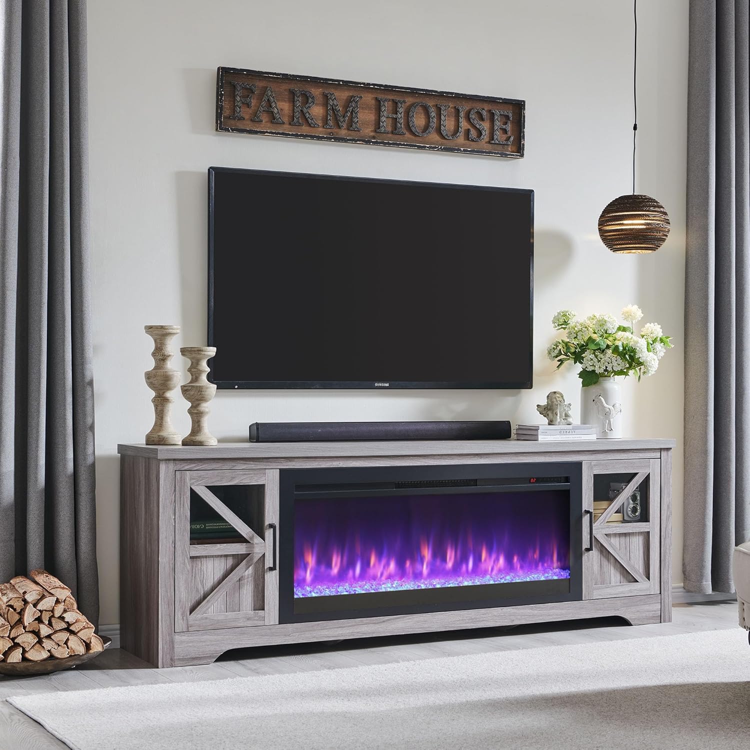 75" Farmhouse Fireplace TV Stand for TVs up to 85", Rustic Entertainment Center with 44" Fireplace Heater, Adjustable Storage Cabinets, Barn Door TV Console with Fireplace, Gray