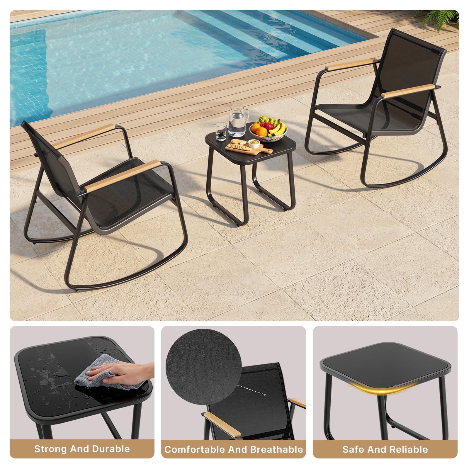 Xbro 3-teiliges Gartenmöbel Set mit 2 Schaukelstühlen und Glastisch, Balkonmöbel aus Teslin mit WPC Armlehnen, wetterfeste Outdoor Möbel für Balkon Terrasse Garten Hinterhof Poolbereich, Schwarz - 4