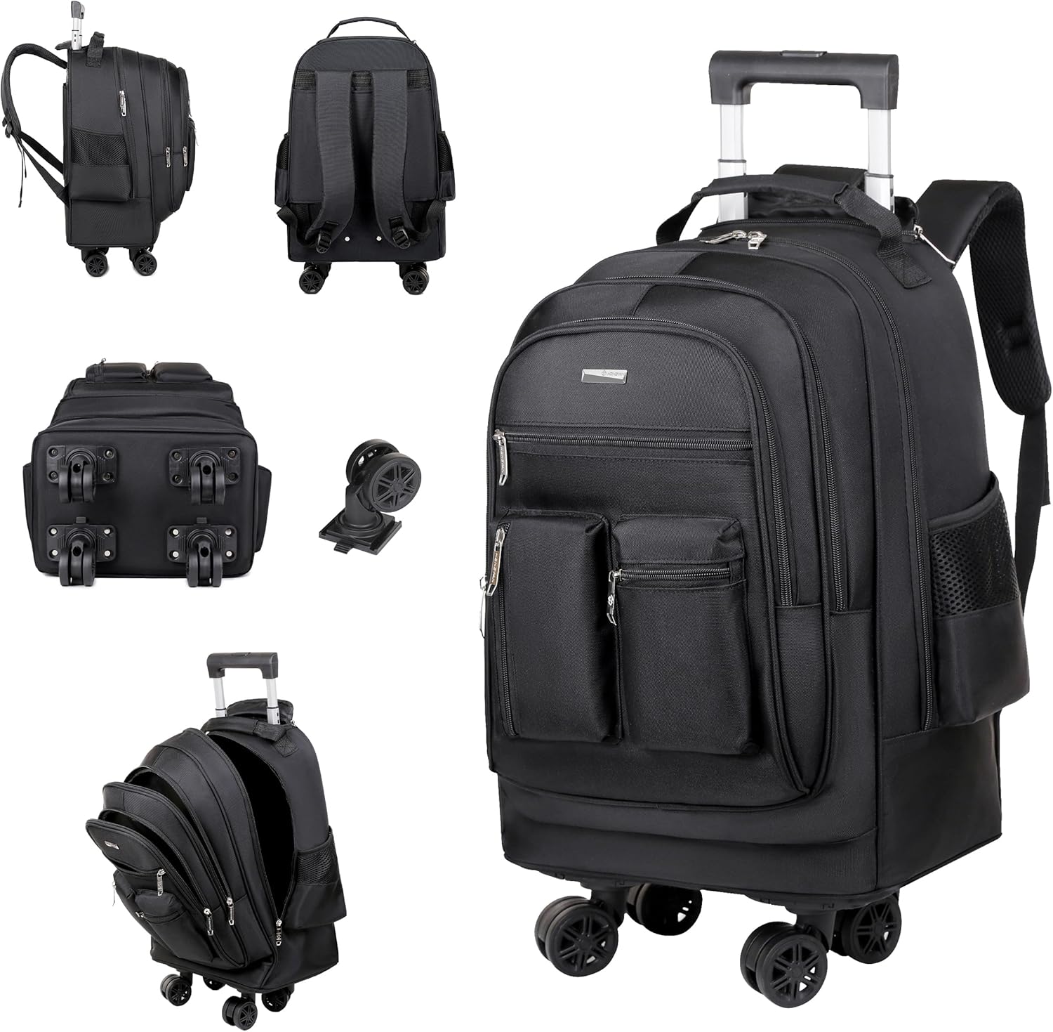 Professional Rolling Laptop Backpack, Black, Multi-Compartment Design with Wheels, Large Capacity Travel Business Bag (Black)