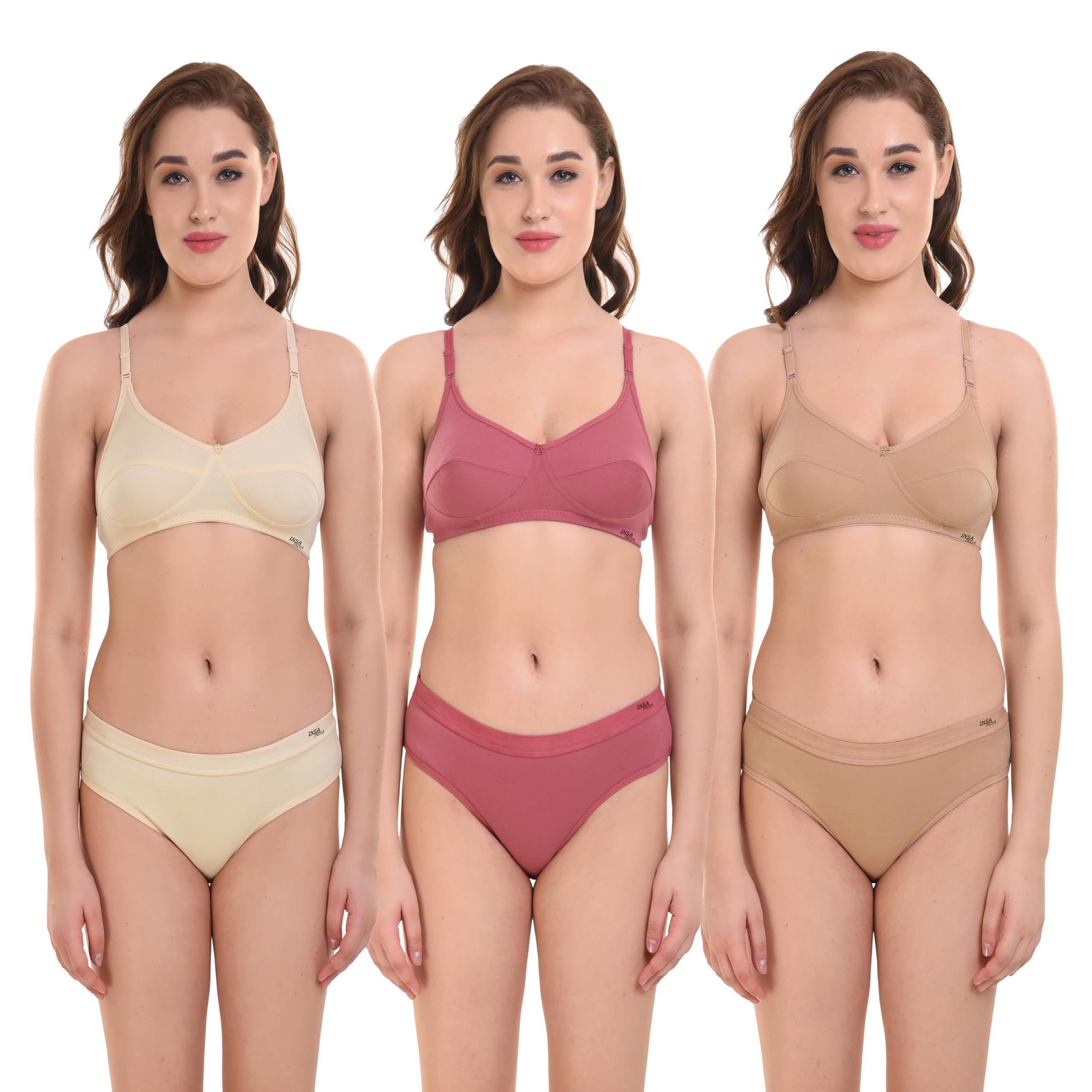 insa india Pack of 3 Women's & Girls Lingerie Set Full Coverage,Non Padded Bra Panty Set Cream Peach Brown 38B-picture-44