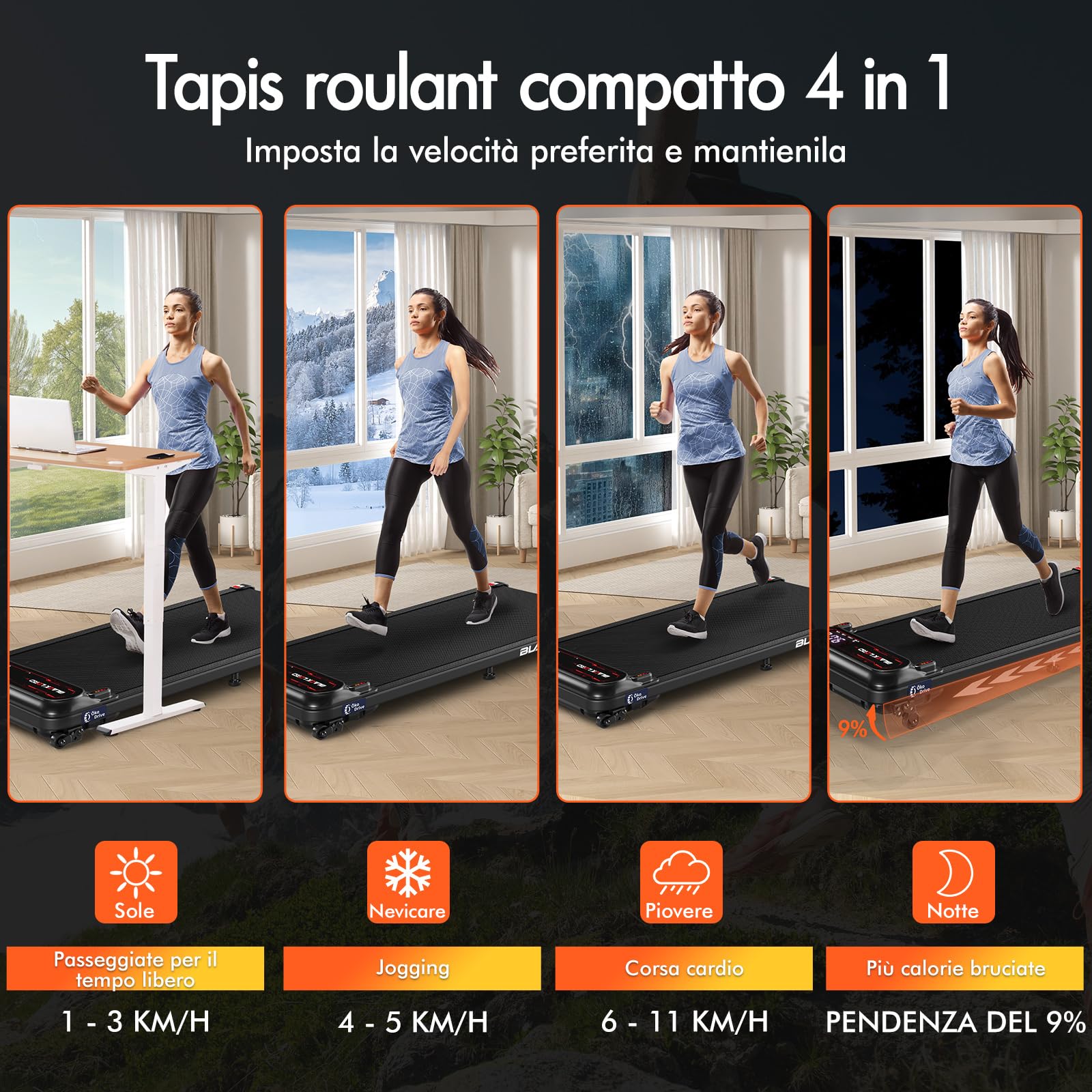 BLACK LORD Tapis roulant X7, Walking Pad sottoscrivania, Motore silenzioso 3.0CV, Portata 130kg, Tracciamento Bluetooth, 3 livelli inclinazione, Nastro antiscivolo (Senza maniglione, Nero)