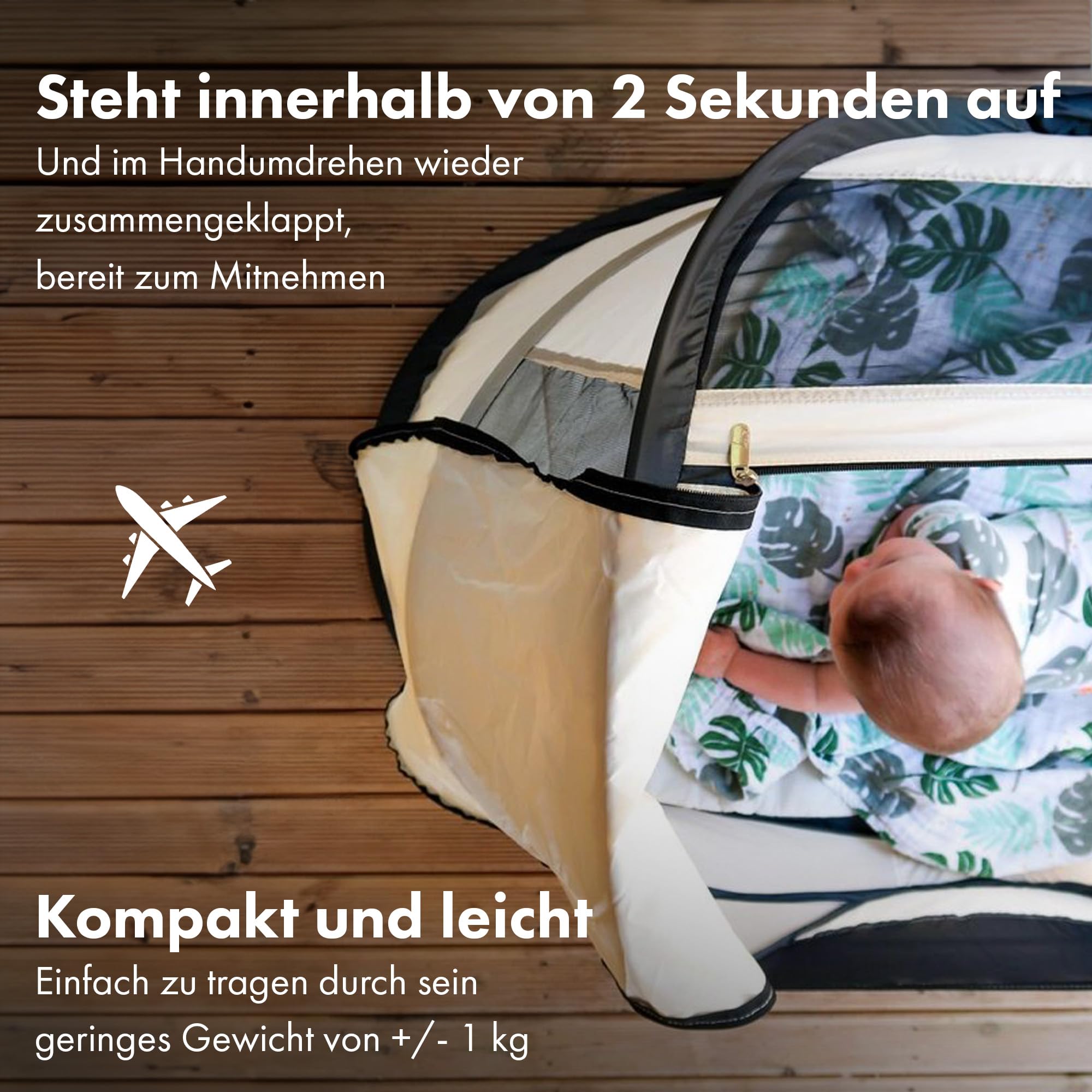 Deryan BabyBox Campingbett - Leicht, Kompakt und Faltbar -Aufgeklappt in nur 2 Sekunden -50% UV-Schutz - flammhemmendes Gewebe - Inklusiv Schlafmatte, Moskitonetz und Tragetasche - Creme