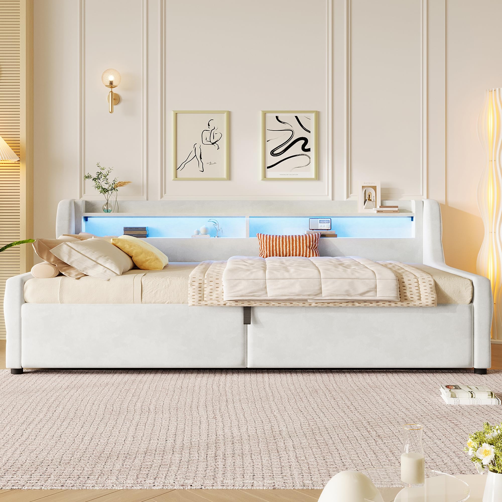 Letto a piattaforma in velluto, 90 x 200 cm, con contenitore idraulico, beige, crema