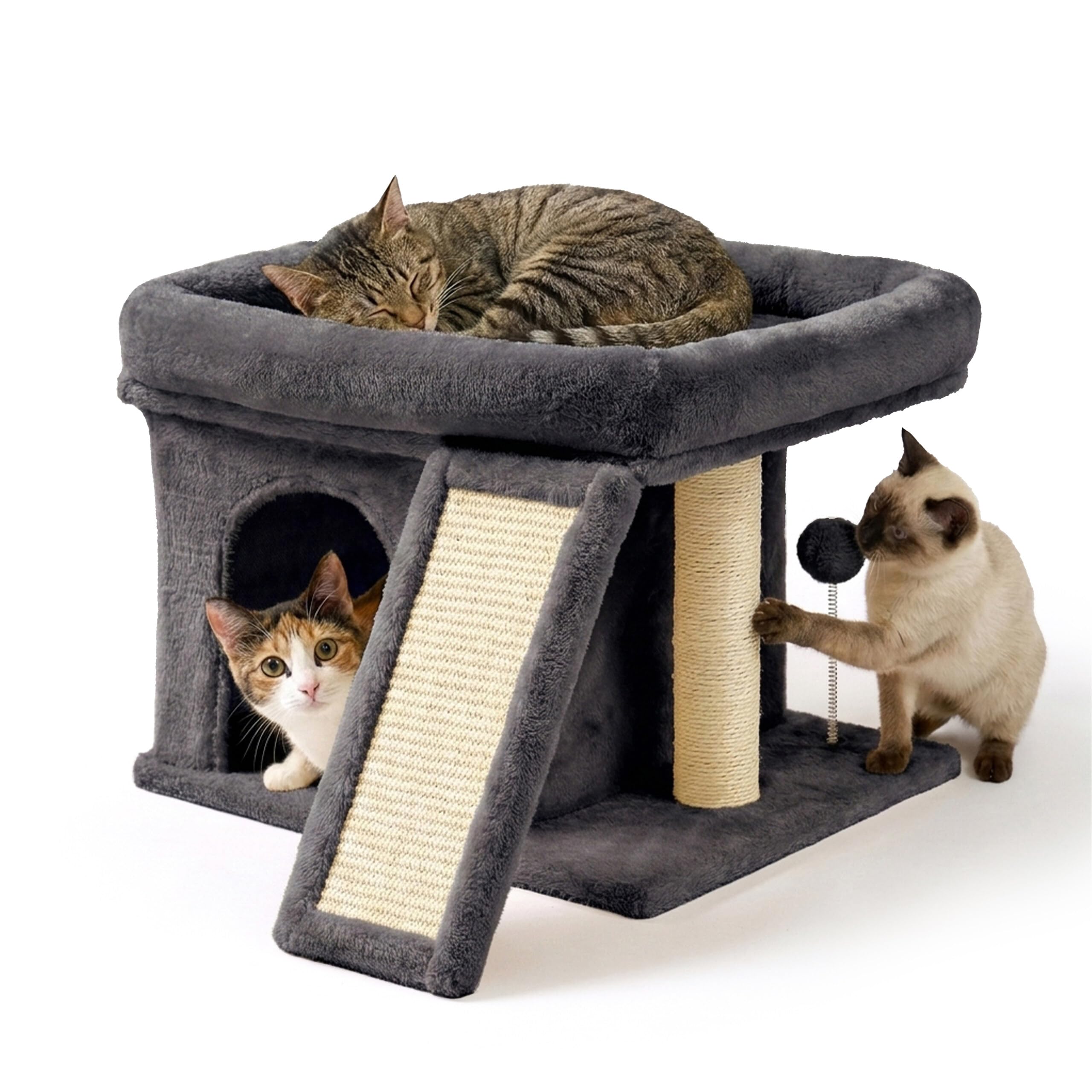 Relaxdays Arbre à Chat avec Niche, griffoir et Plate-Forme, Gris foncé | niche moelleuse pour chat, H x l x P : 38,5 x 54 x 45 cm, sisal