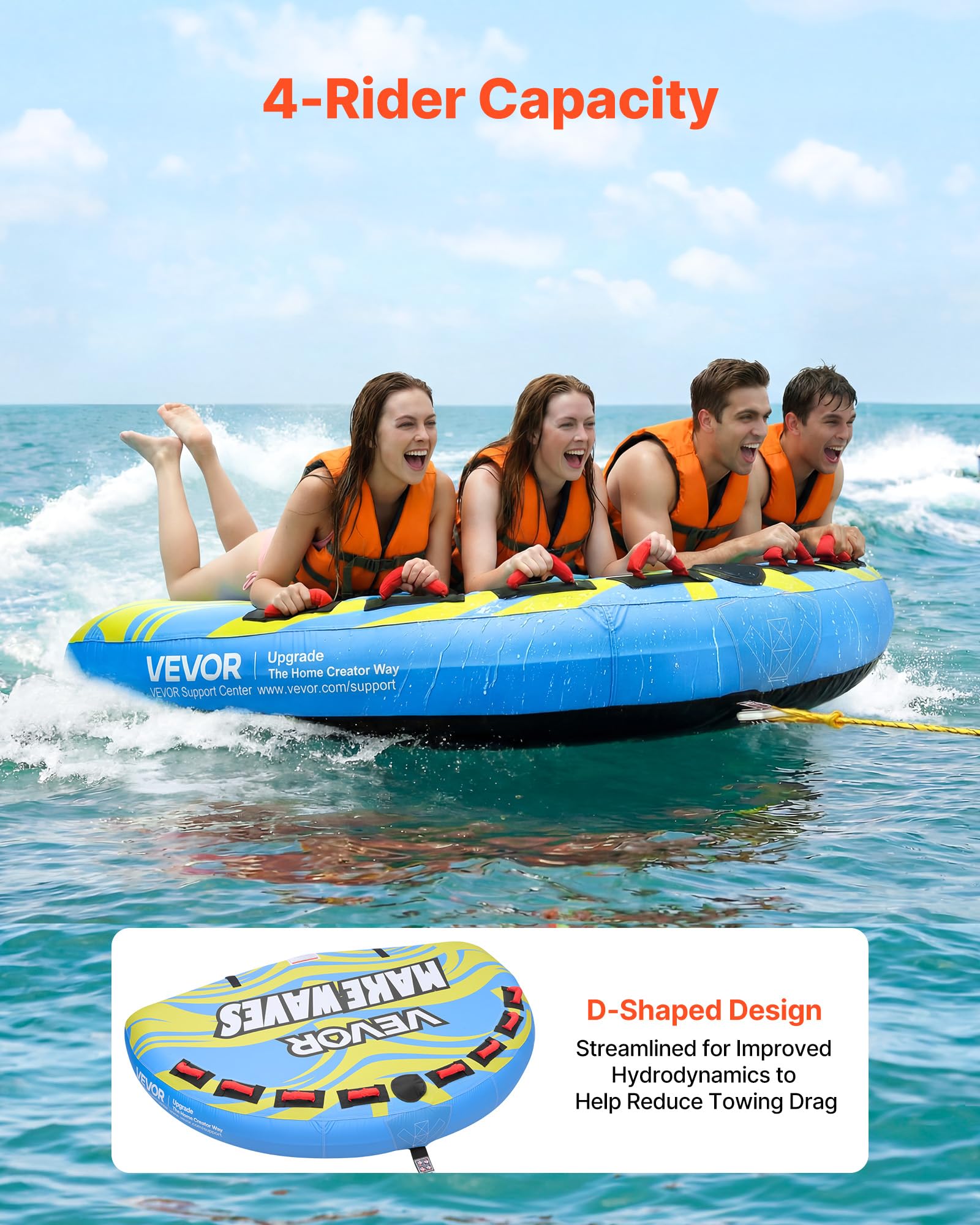 VEVOR Tubo Gommone Gonfiabile Trainabile per Barche da Mare, Tubo Trainabile Capienza ca. 4 Persone Carico Max 308 kg, Gommone per Barche Giochi Acquatici Divertimento, Copertura in Nylon, Blu