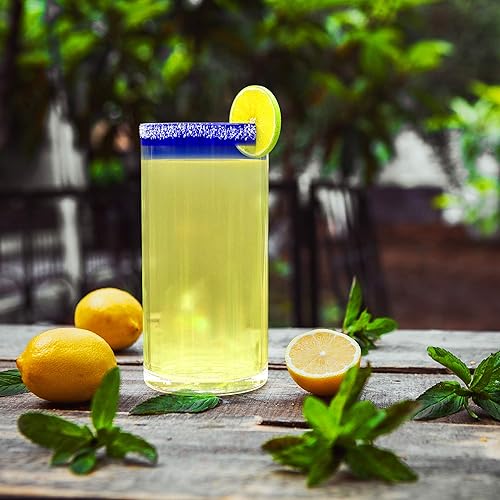 Vista 13 de Vaso soplado a mano mexicano – Juego de 4 vasos grandes de 16 onzas, línea de borde azul cobalto, margarita de lujo y copas de cóctel, diseño