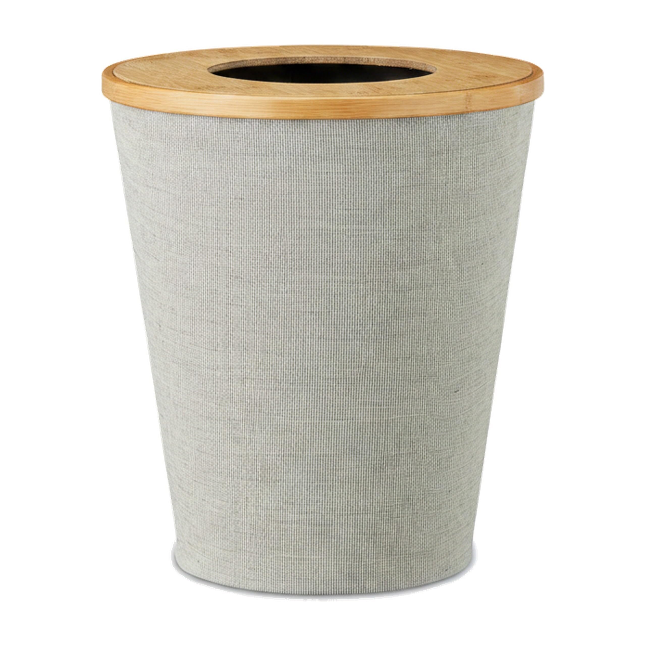 Relaxdays Corbeille à papier en bambou poubelle ronde seau intérieur plastique couvercle bureau 35 cm, nature, gris