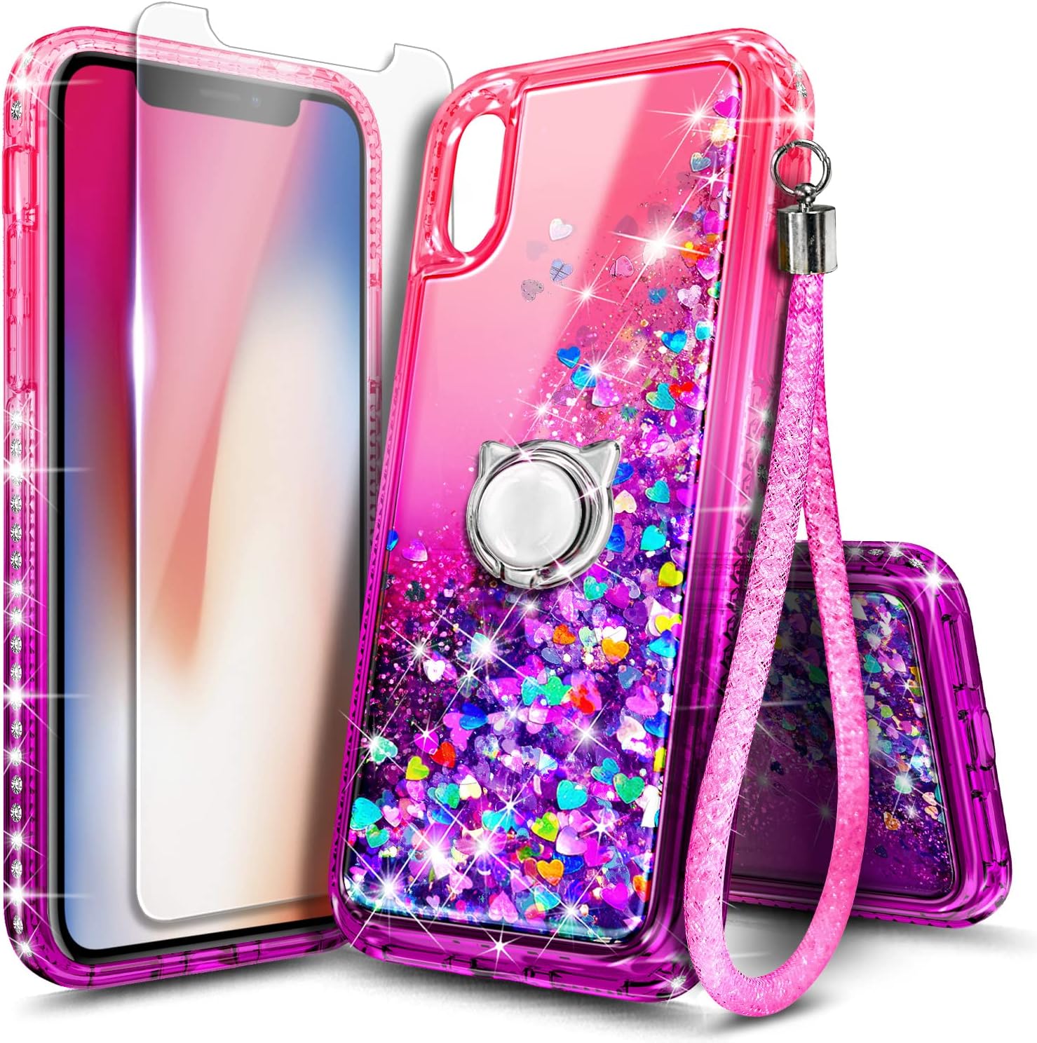 NGB Supremacy Designed for iPhone XR Case with [Tempered Glass Screen Protector & Ring Holder/Lanyard Wrist Strap] for Girls Women Kids, Glitter Liquid Bling Cute Sparkle Cover (Pink/Purple)