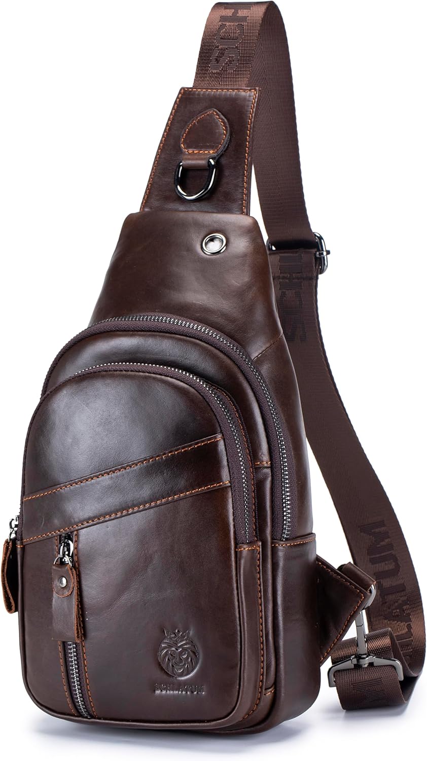 SCHLATUM Genuine Leather Crossbody Bag for Men Casual Sling Chest Bag Men Sling Bags Man Bag Crossbody, Coffee