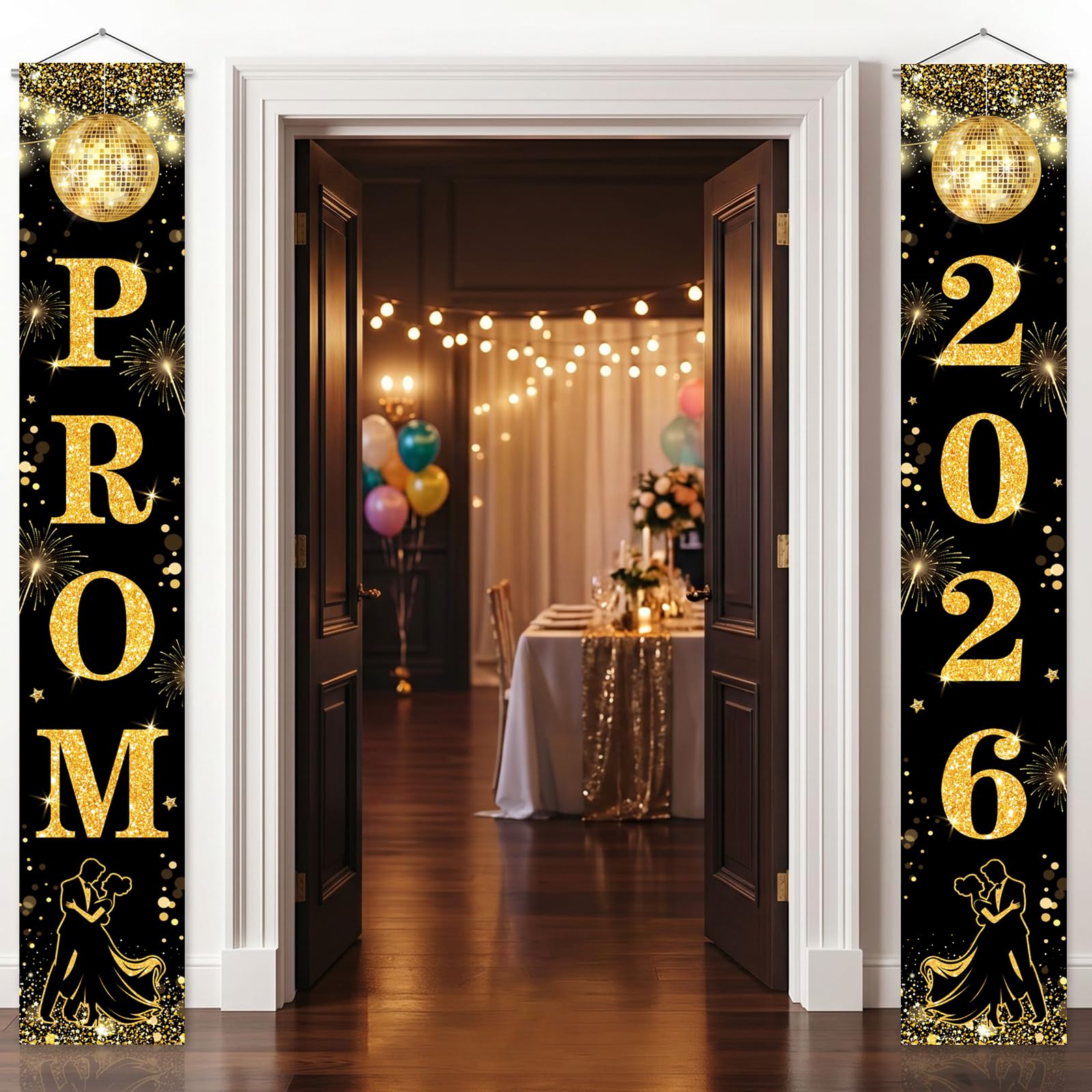 Prom Night Door Banner Decorations - Black Gold Glitter Graduation "PROM 2026" Vertical Door Banners, Pre-strung Graduation Prom Party Supplies for School Prom Night Door Decor,70.9×11.8in (PROM 2026)