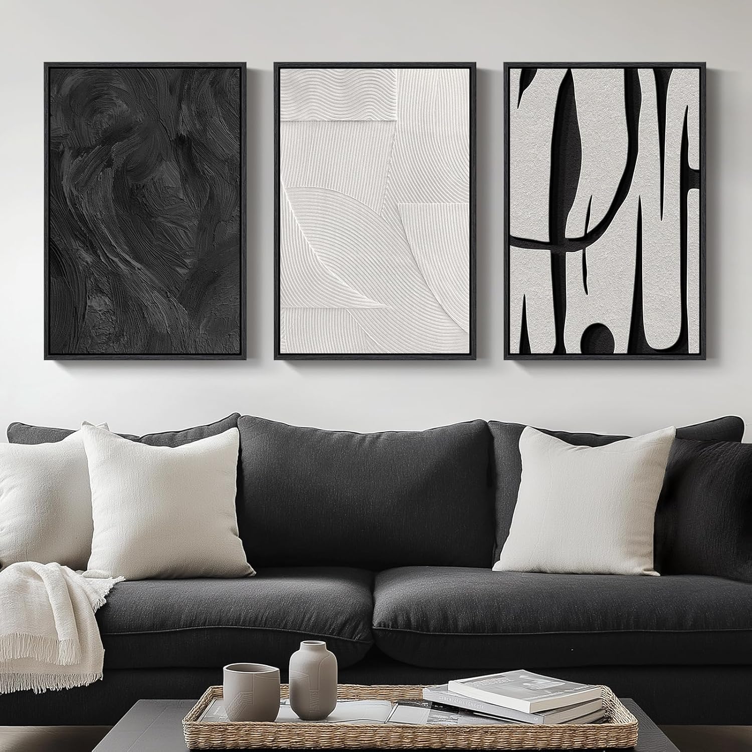 Framed Black and White Abstract Wall Art, 3 Piece Modern Canvas Prints Paintings Art for Walls, Minimalist Black White Abstract Pictures for Living Room Bedroom Dining Room Office Wall Decor 16x24 In 16" W x 24" H x 3Pcs Black and White Dialogue