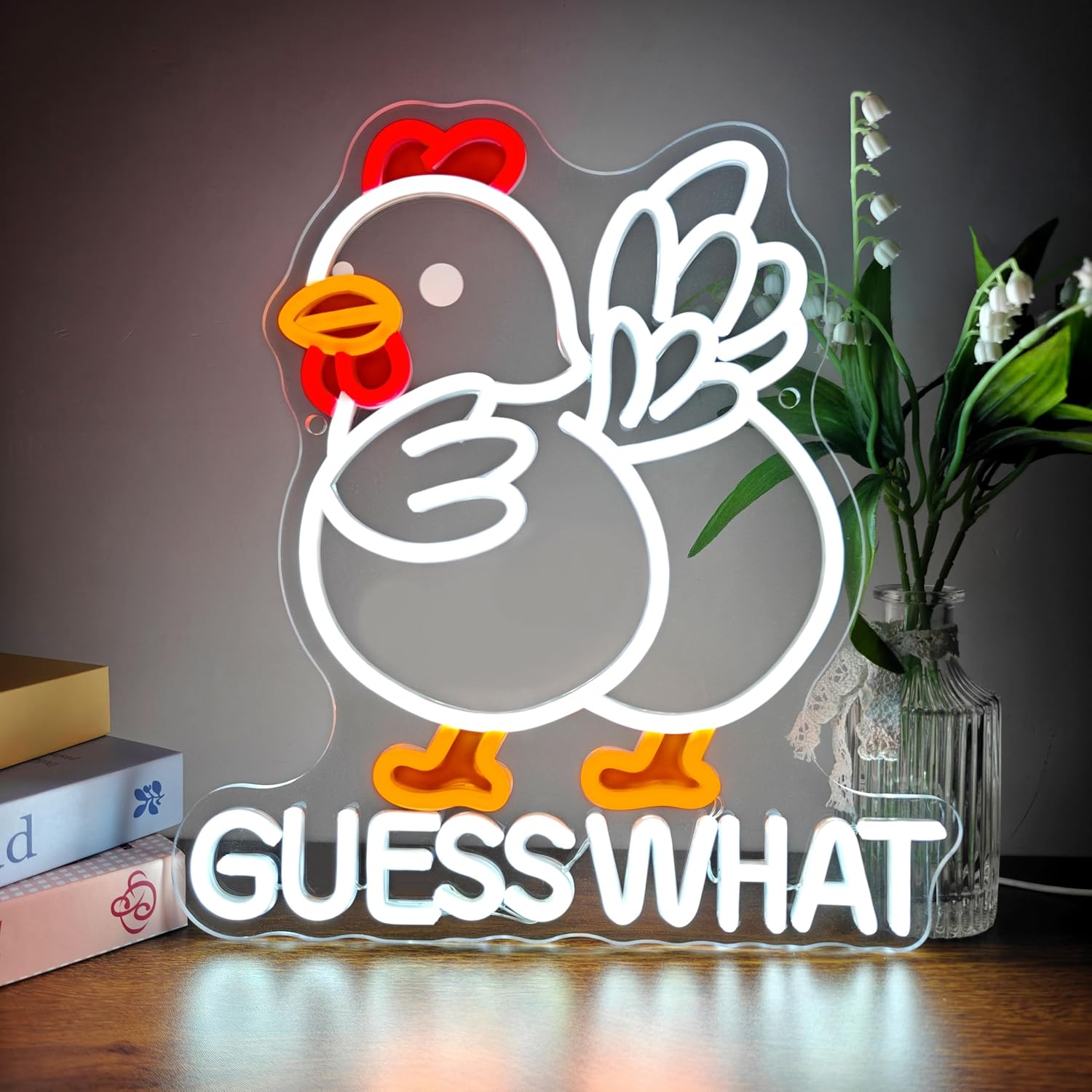 Guess What Chicken Neon Sign, Funny Chicken Meme LED Neon Light, Cute Cartoon Neon Wall Decor for Kids, Bedroom, Playroom, Game Room,12.6×13.6 inch.