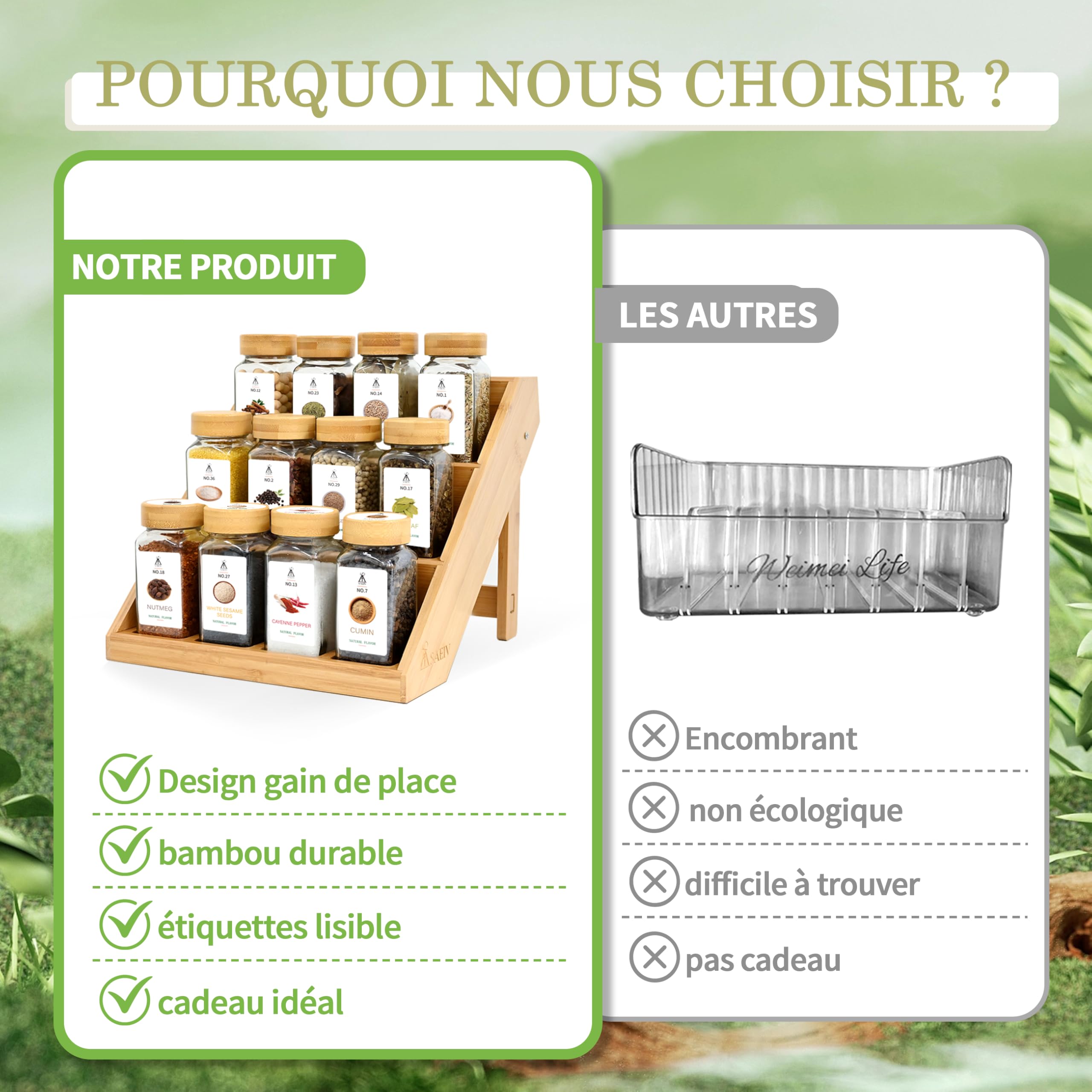 SAEIV 12 Pièces Bocaux Épices en Verre Borosilicaté Sans BPA, Pot à Epices en Verre et Bois Naturel avec Range Epices Cuisine Tiroir, Porte-Épices Étagère à Épices Inclinée Idéal pour Épices Rangement