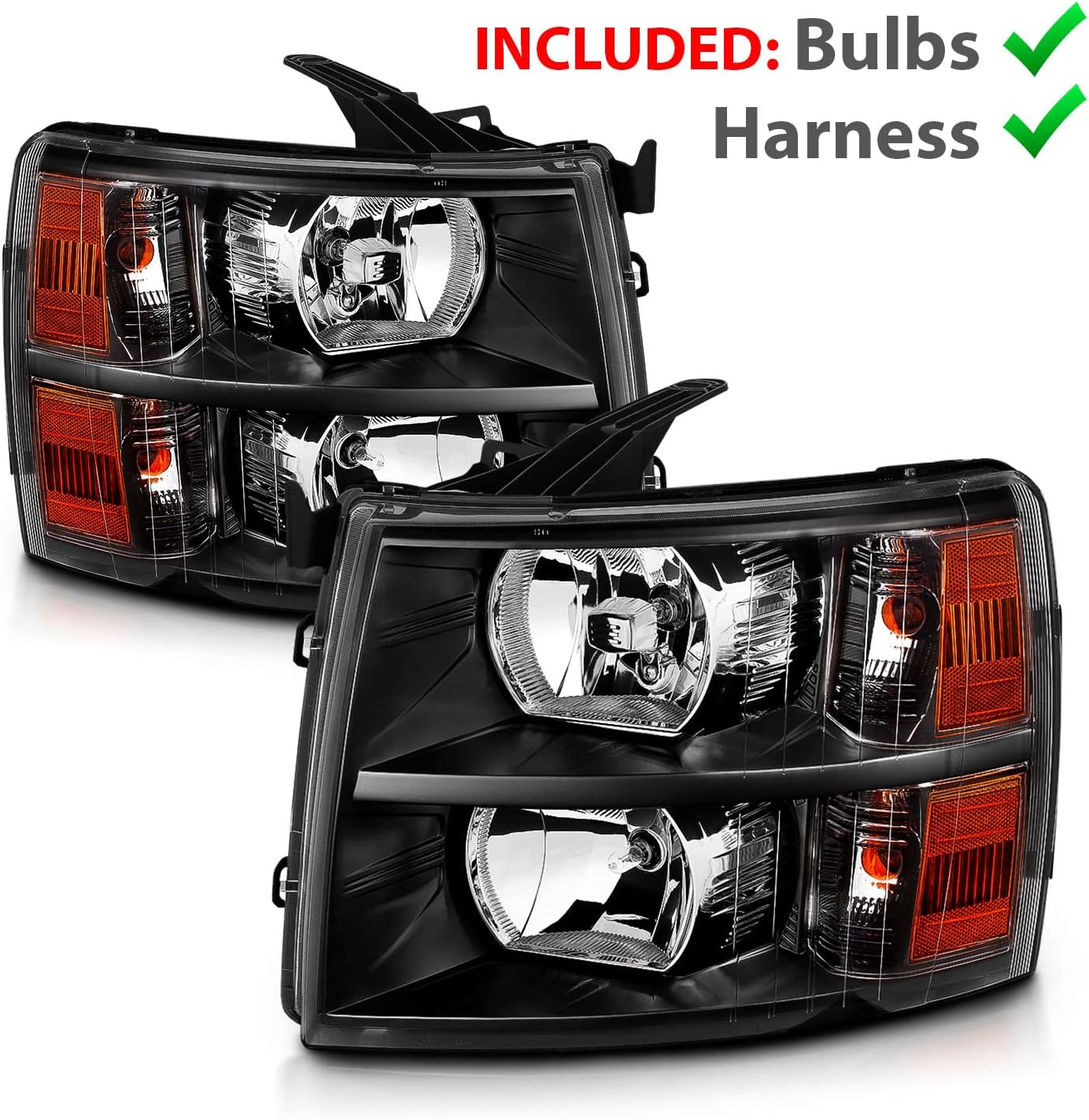 AmeriLite for 2007-2013 Chevy Silverado 1500/07-14 Silverado 2500HD 3500HD Pickup OE Style Black Replacement Headlights w/Bulb and Harness Amber Reflector Set - Passenger & Driver