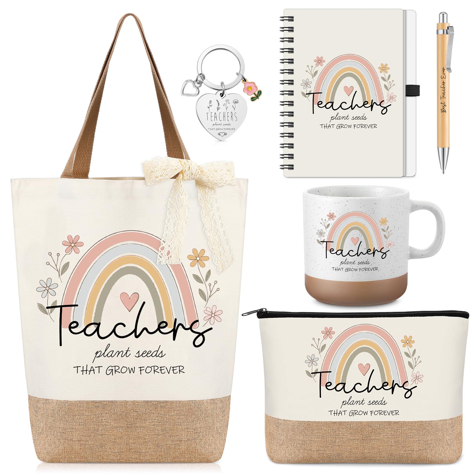 Hestya 7 Pcs Thank You Teacher Gifts for Women, Teacher Appreciation Gifts with Tote Bag Makeup Bag Coffee Mug Notebook Ballpoint Pen Keychain Lace Ribbon for Teachers, Nursery, Teaching Assistant