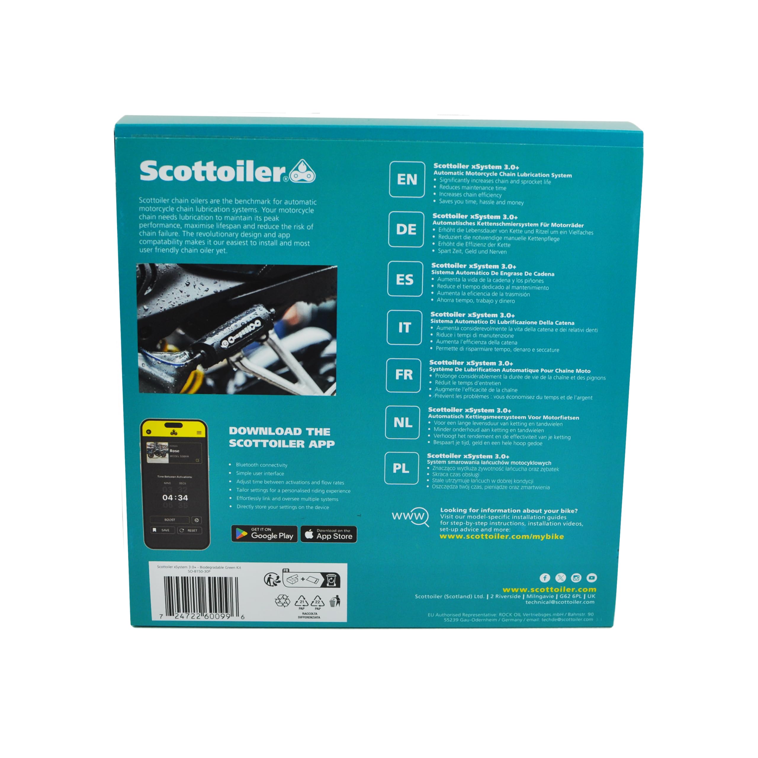 Scottoiler xSystem 3.0+ Elektronischer Kettenöler Bluetooth-App-Steuerung All Climate Biologisch abbaubares Scottoil Grün