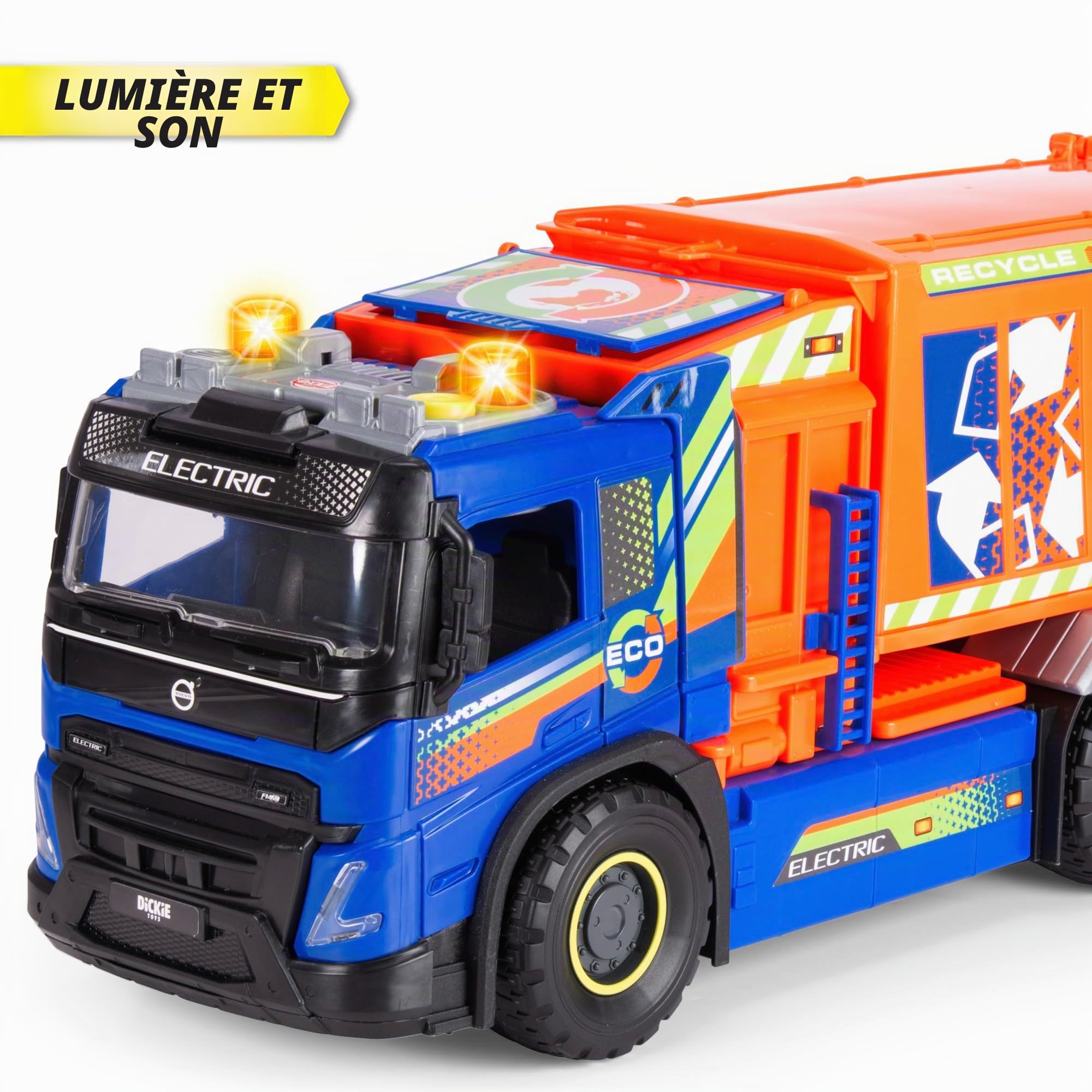 Dickie 203749037 - Camion de Recyclage Urbain Volvo FMX géant 56 cm, lumière, Son, élévation Manuelle de la Poubelle, pièces Mobiles, Rangement, remorque avec Couvercle, hayon Rabattable. +3 Ans