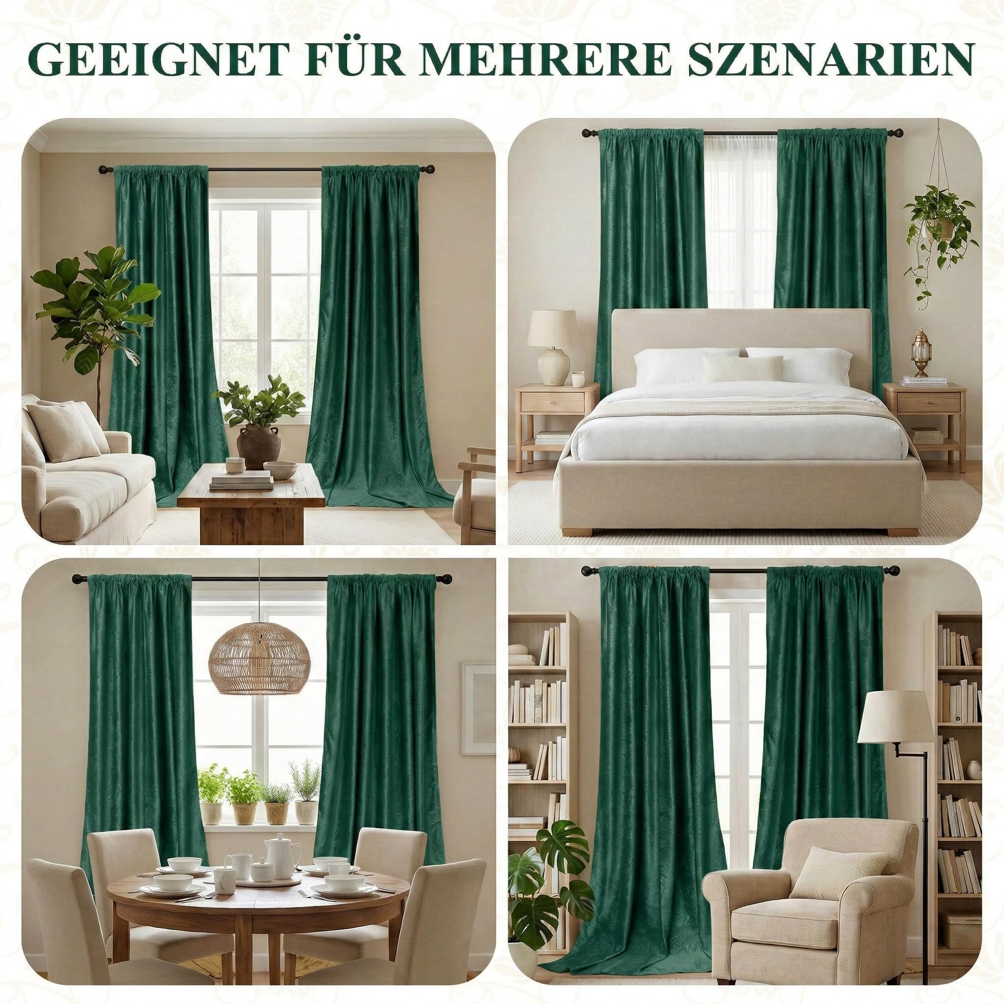 Samtvorhang Kräuselband Blumen Muster 2er Set, H260xB132CM, Luxus Verdunkelung Samt Multifunktionsband Thermovorhang Kälteschutz für Wohnzimmer & Schlafzimmer, 260gsm Velvet Gardinen(Tuscany Green)