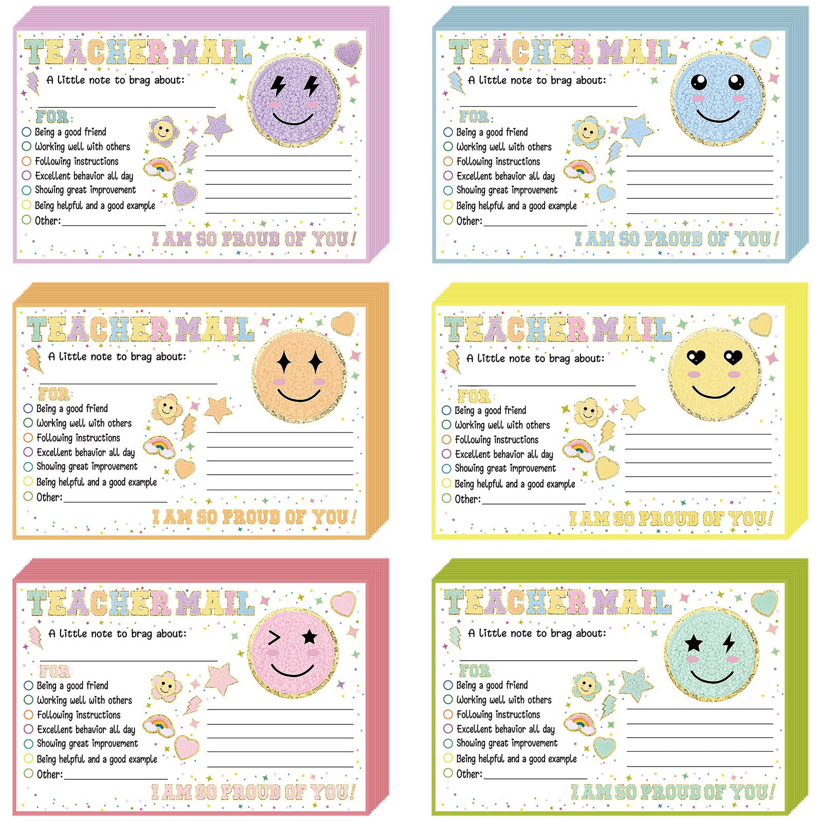 Eersida 60 Pcs Colorful Smile Face Teacher Mail Notes to Parents Classroom Good Behavior Incentive Card Teacher Motivational Postcard to Send Home for