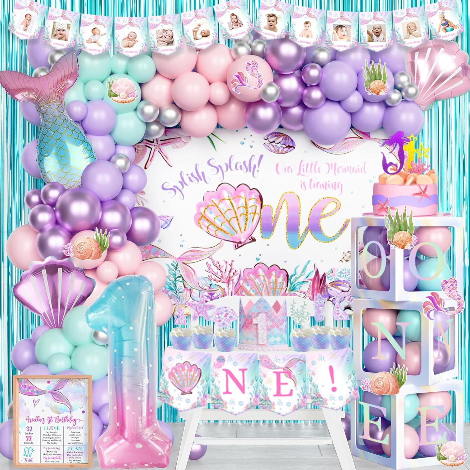 Mermaid 1st Birthday Decorations, Mermaid Party for One Year Old Girl Backdrop Fringe Curtain Balloon Photo Highchair Banner Box Cutout Crown Poster Cake Topper Crown Poster