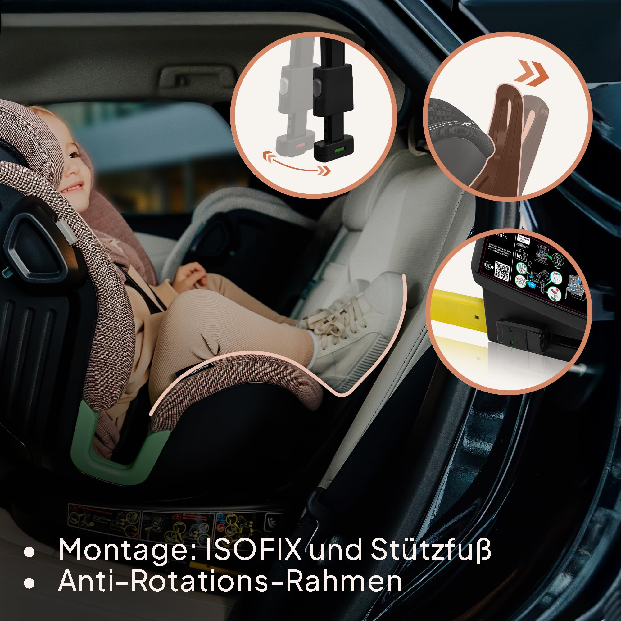 LIONELO HARMONY I-SIZE Drehbarer Kindersitz 360° für Kinder von 40-150 cm | Montage mit ISOFIX + Stabilisierungsbein, Kopfstützen- und Rückenverstellung, Dri-Seat Reduktionseinlage