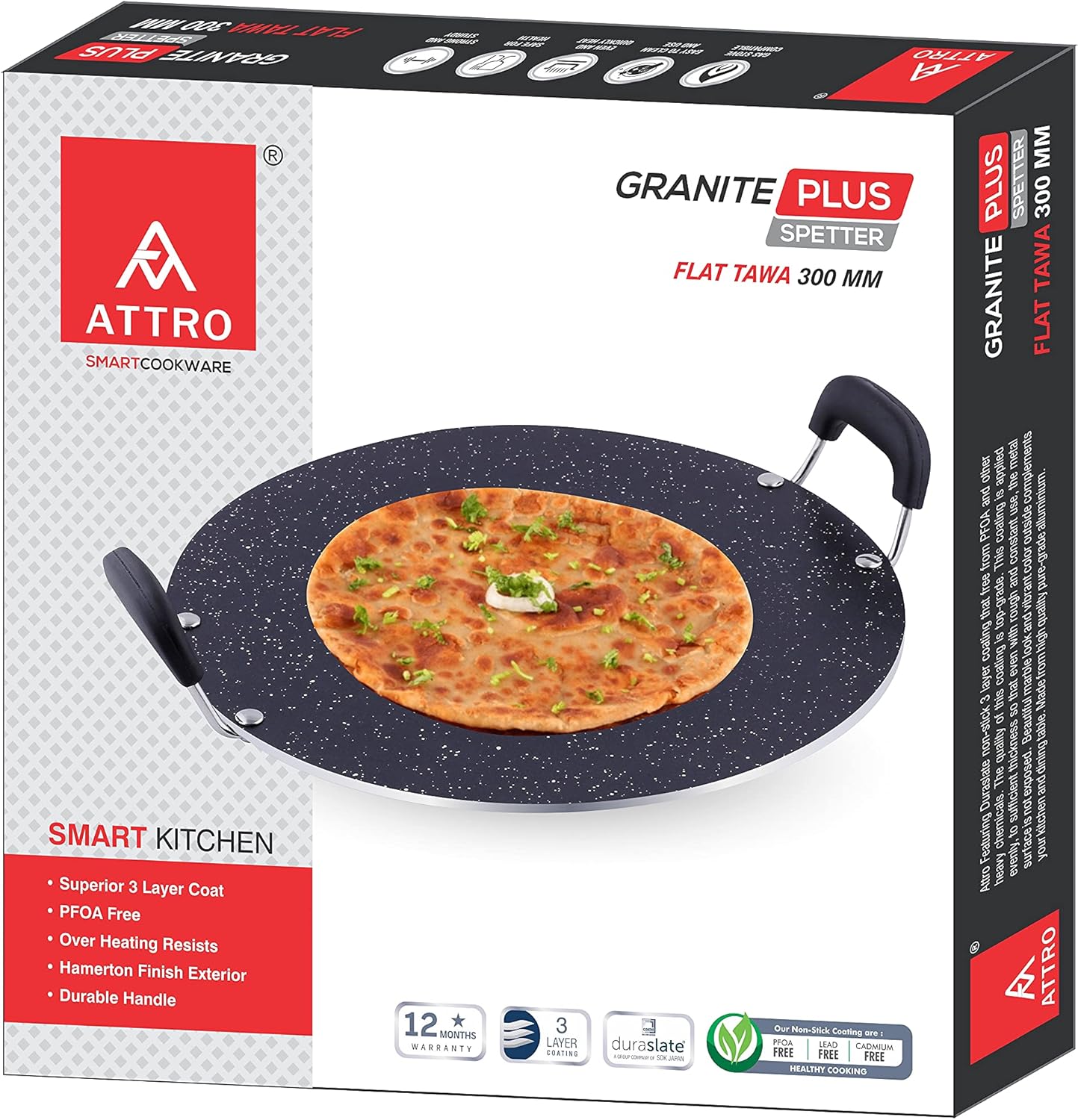 Non Stick Aluminium Heavy Duty Double Handle Flat Spatter Finish Tawa, 300 mm, (Black)