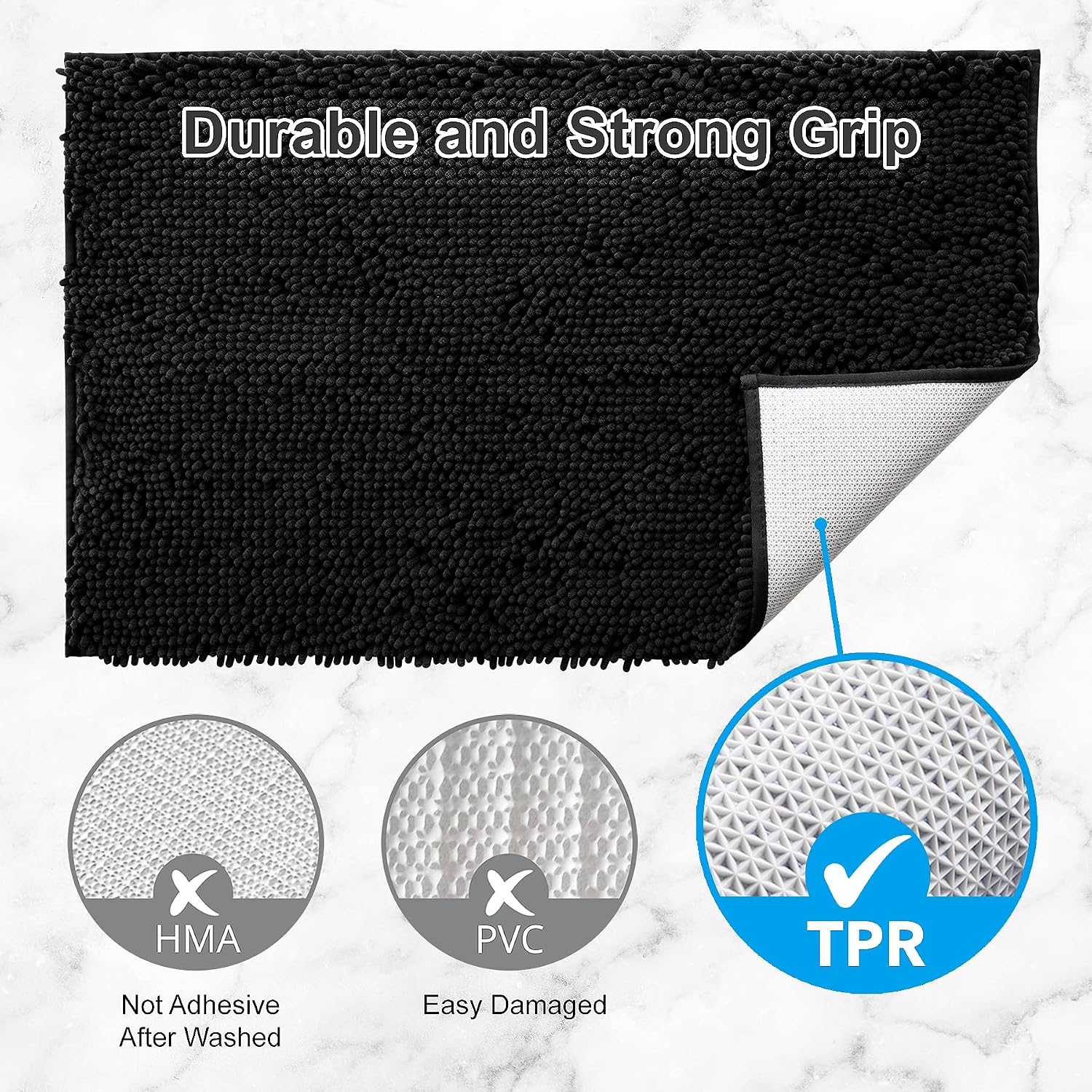 AmazerBath Chenille Bathroom Rugs Sets 2 Piece Bath Mat Set, 32x20 Inches Plus 24x17 Inches, Non-Slip Bath Mats for Bathroom, Ultra Water Absorbent Machine Washable (Black)