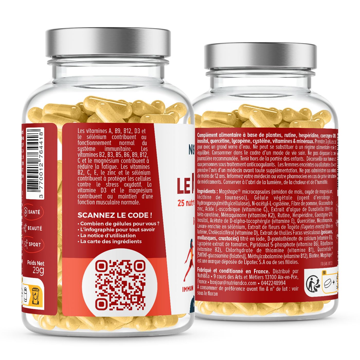 NUTRI & CO Multivitamines et Minéraux 25 Nutriments - Vitamines A B C D3 E K2 + Minéraux dont Magnésium et Zinc - Haute Absorption - 90 Gélules Vegan Friendly Conditionné en France