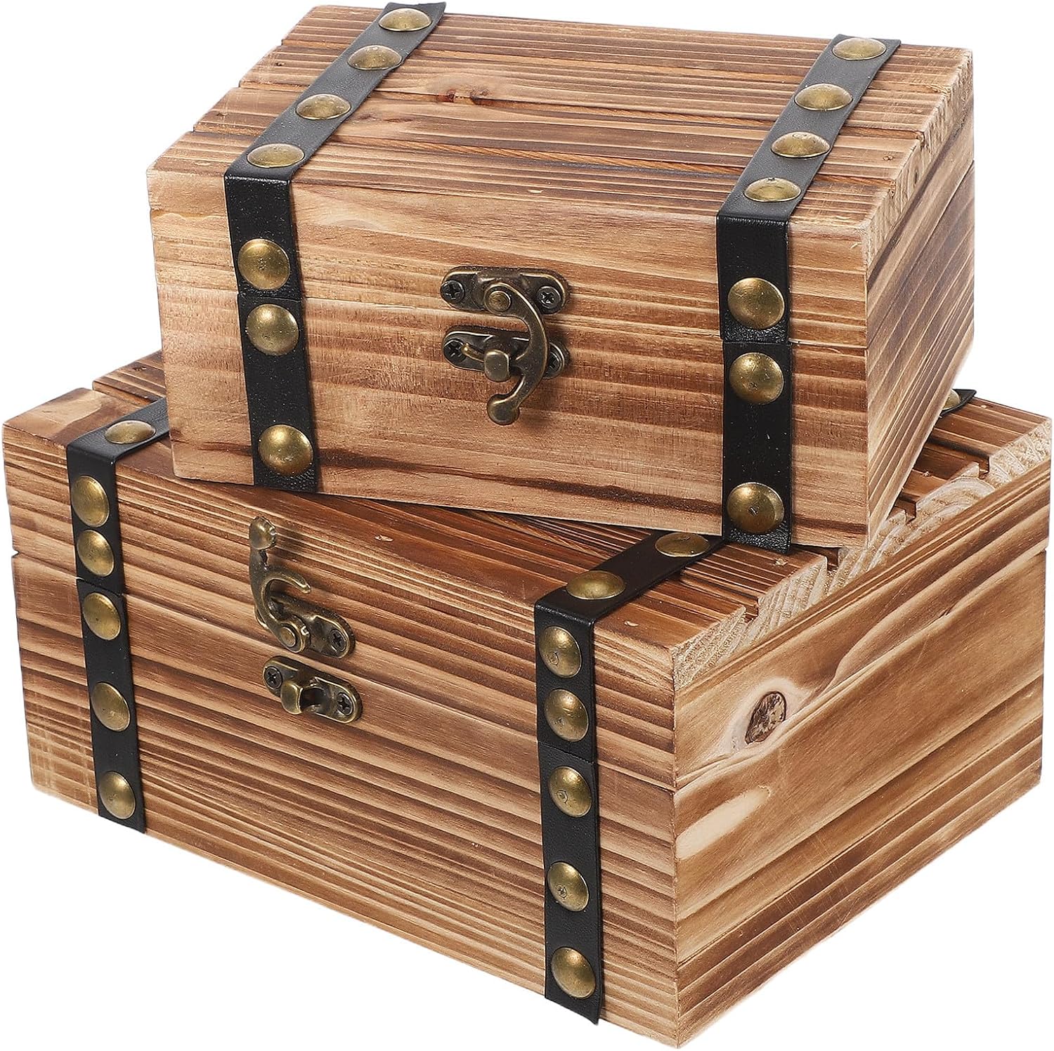 2pcs Wooden Jewelry Box - Rustic Wood Desktop Organizer Storage Box With Hinged Lid - Retro Tabletop Jewelry Keepsake Chest For Necklace Bracelet Earrings