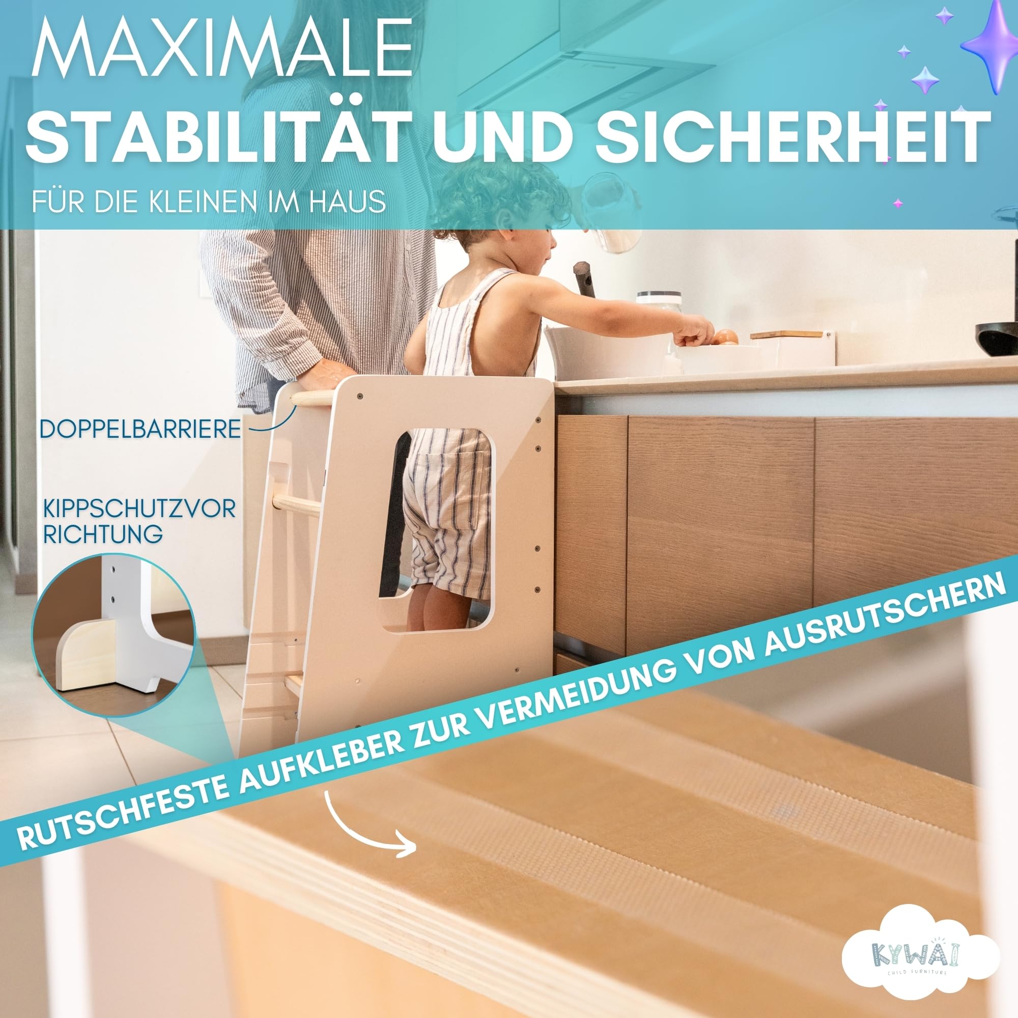 Montessori Lernturm ab 1 Jahr aus robustem Holz Premium-Modell Großformat Learning Tower mit Doppelter Sicherheitsbarriere Antirutschstreifen Höhenverstellbar
