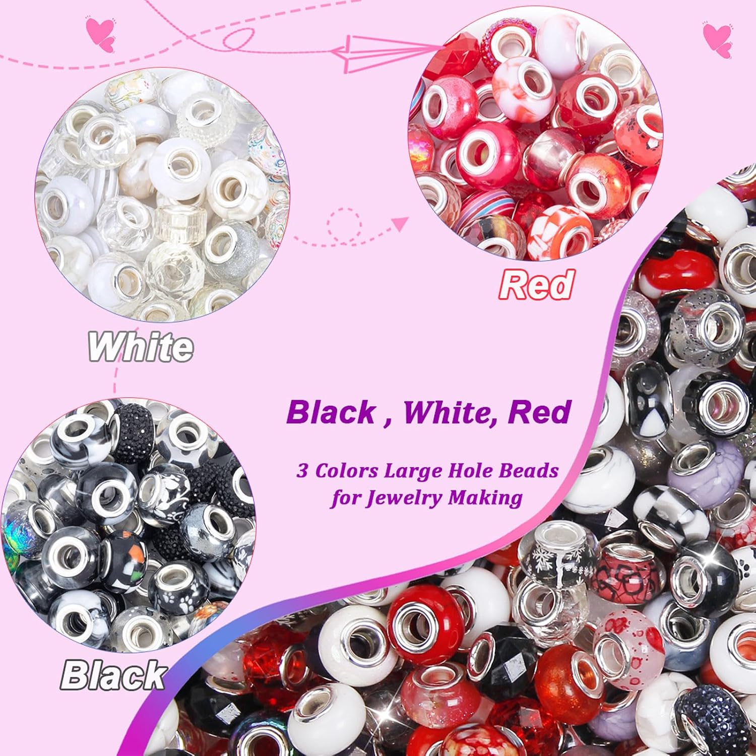 100 Pcs Large Hole Beads Assorted Black White Red European Craft Beads Large Hole Spacer Bead Lampwork Murano Fairy Wand Garden Big Bead for DIY Pen Charm Bracelet Keychain Decorative Jewelry Making