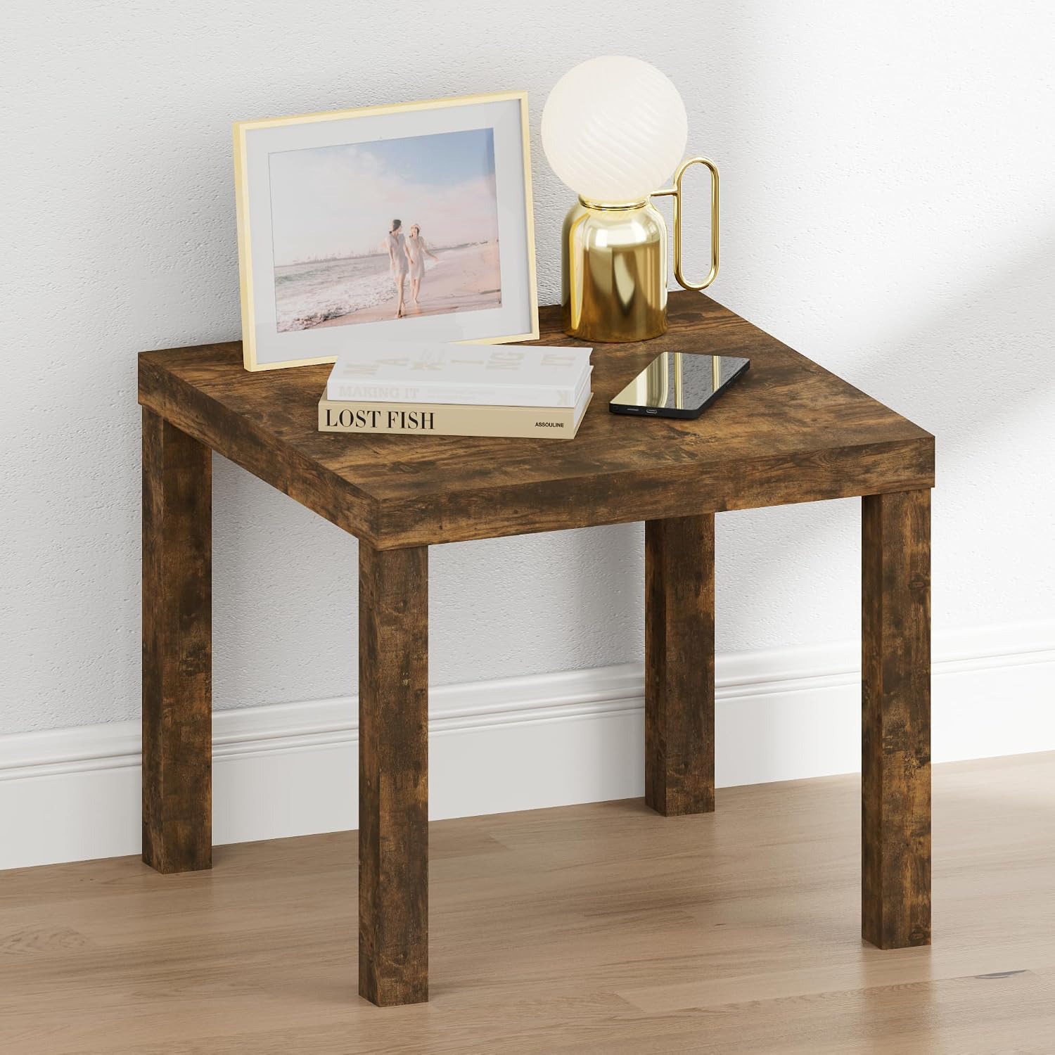 Furinno Classic Night Stand, Square Nightstand with 1.8" Thick Tabletop, Thick Frame 4-Leg Side Table, End Table, Bedside Table, Toolless Assembly, for Bedroom, Closet, Dorm, Amber Pine