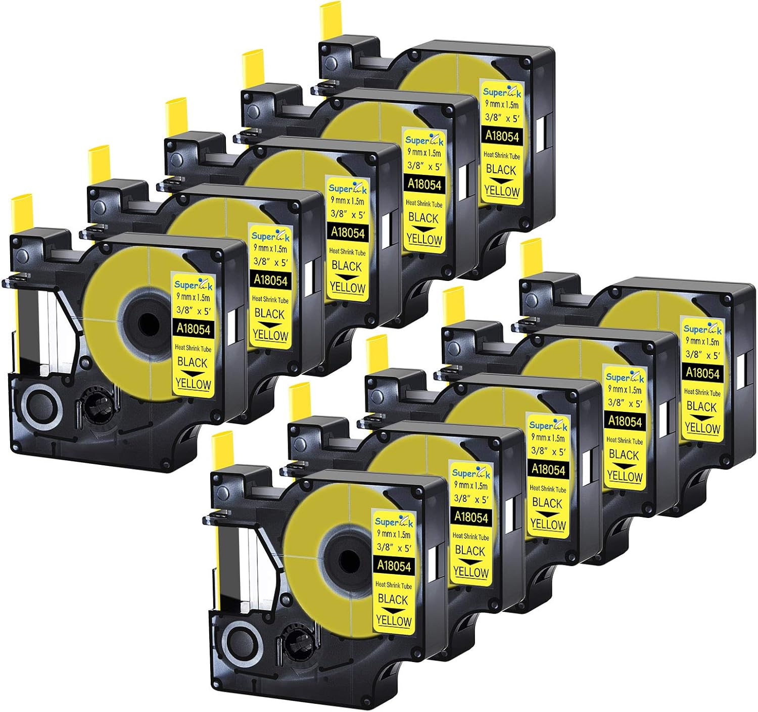 10 Pack 9mm Yellow Heat Shrink Tube Compatible for DYMO 18054 3/8" Black on Yellow Heat Shrink Label Tape for Cables Use with Rhino 3000 4200 5200 5000 6000 Industrial Label Maker