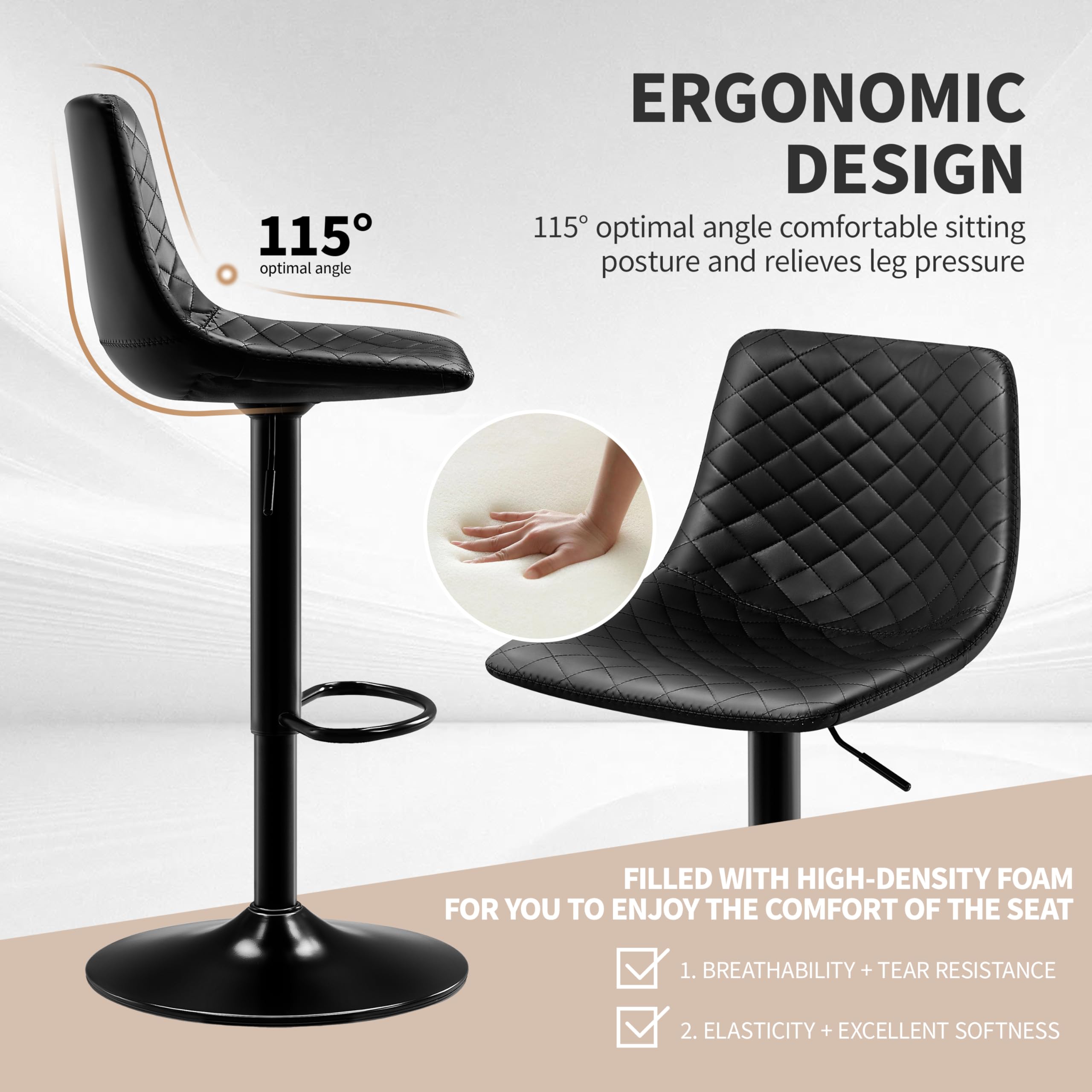 STOOLINK Barhocker 2er Set Höhenverstellbar Barstuhl mit Mikrofaser-Leder, Tresenhocker für Lobby 360° Drehbar Bistrohocker mit Lehne für Wohnzimmer, Esszimmer, Küche-Schwarz